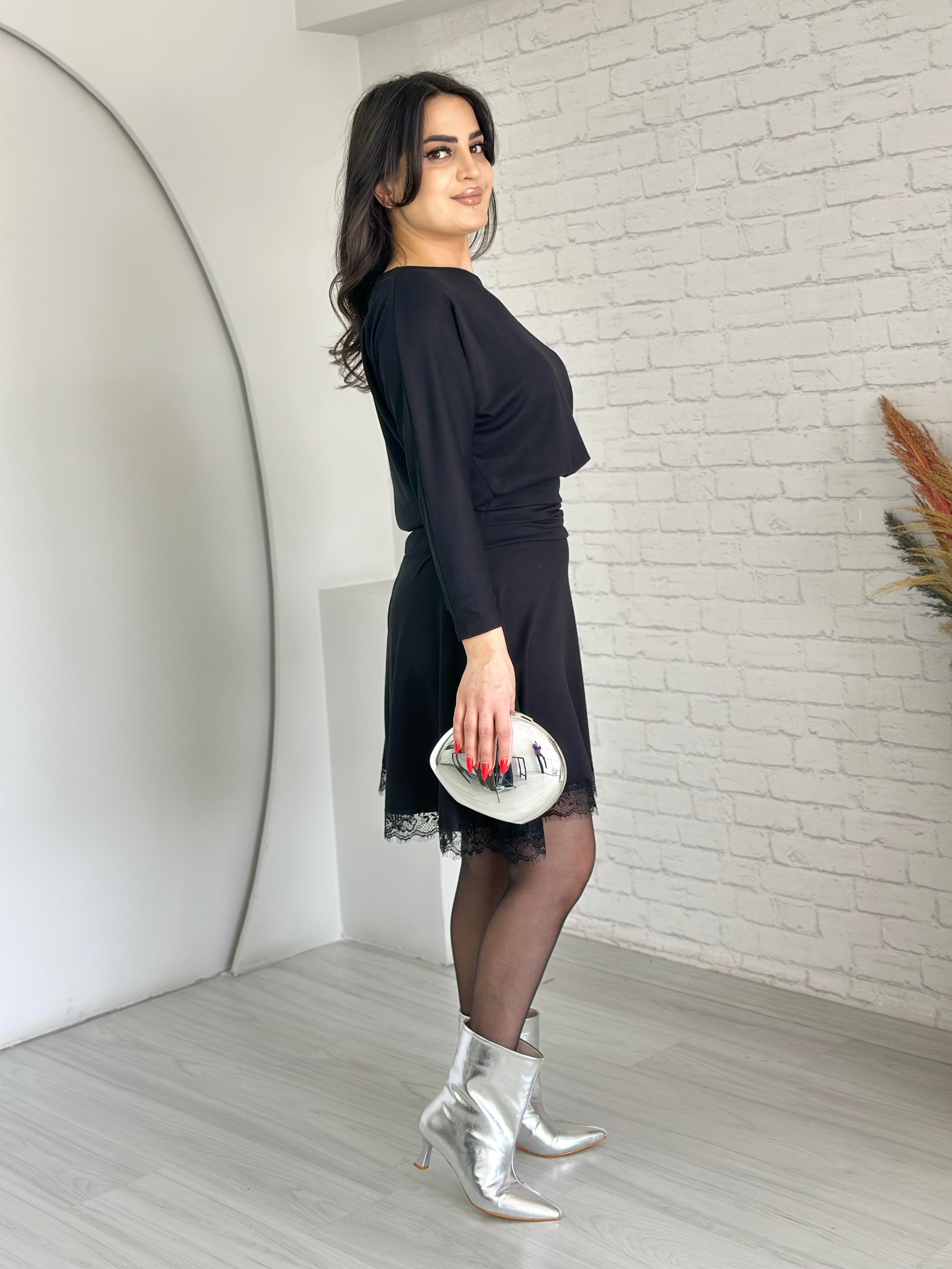 Olin Siyah Dantelli Modal Elbise D003