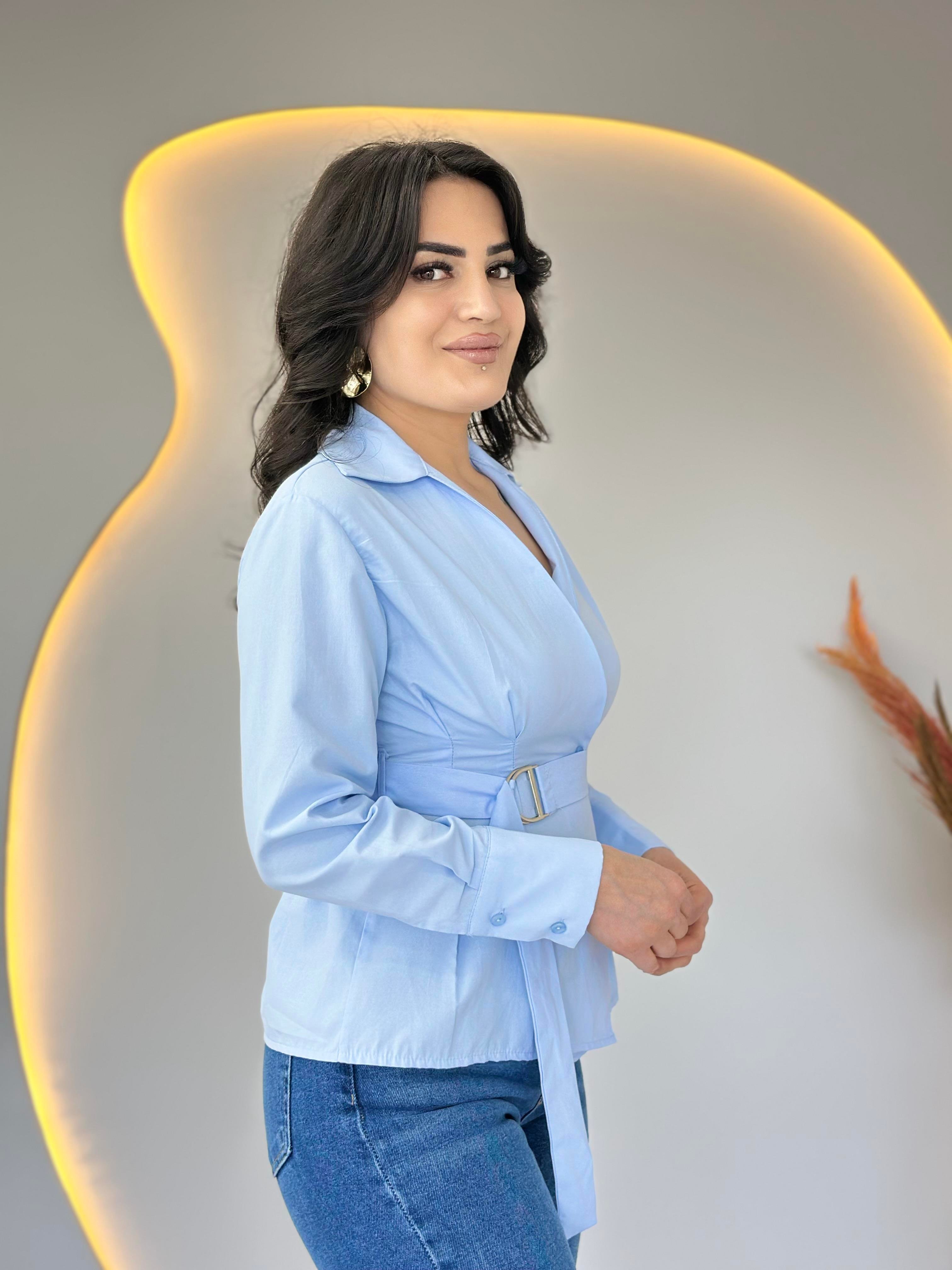 Olisse Bebe Mavi Belde Oturtmalı Kemerli Şık Bluz D050