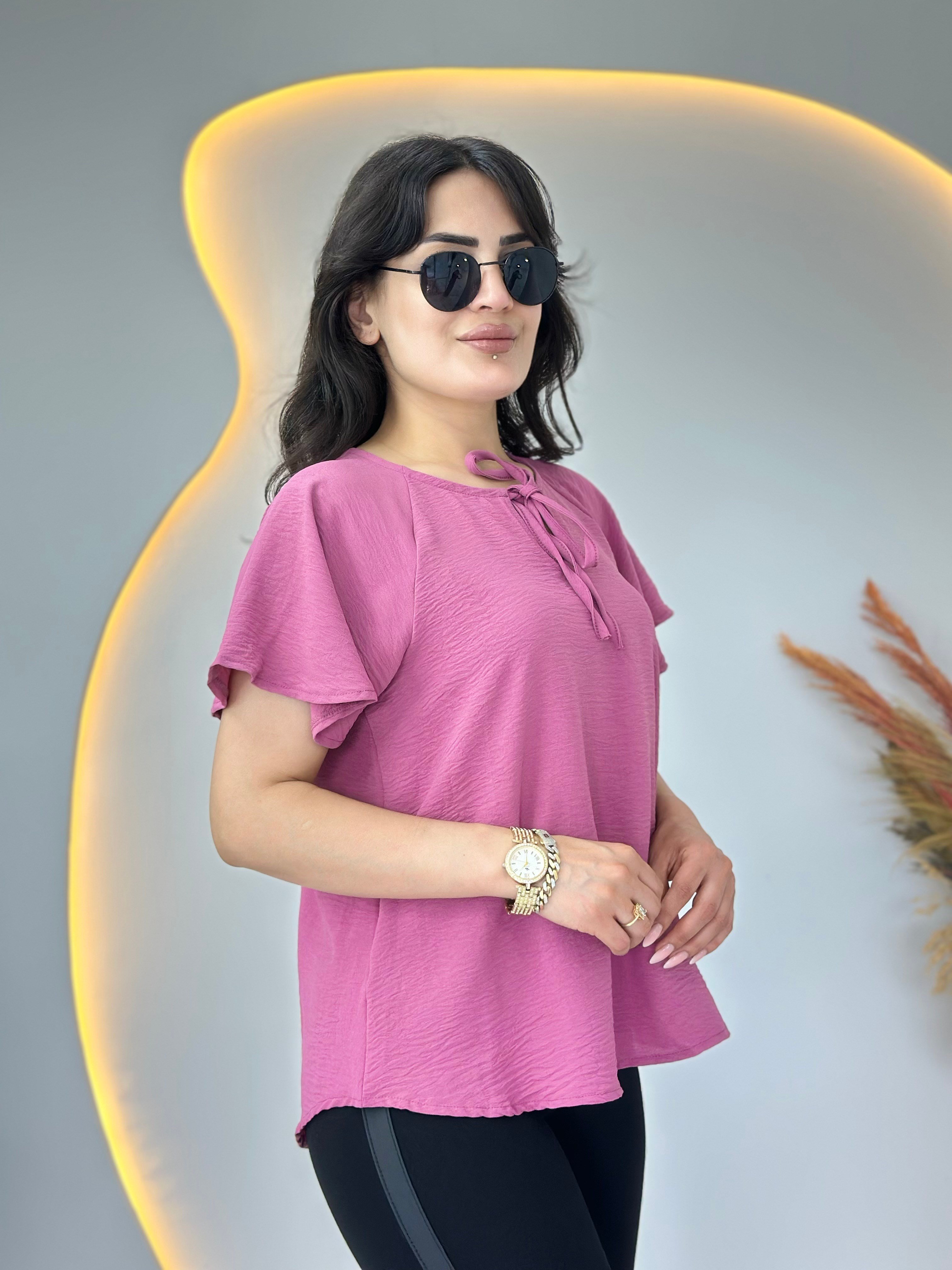 On Gül Kurusu Yuvarlak Yaka Bağcık Detaylı Kol Fırfırlı Bluz D137