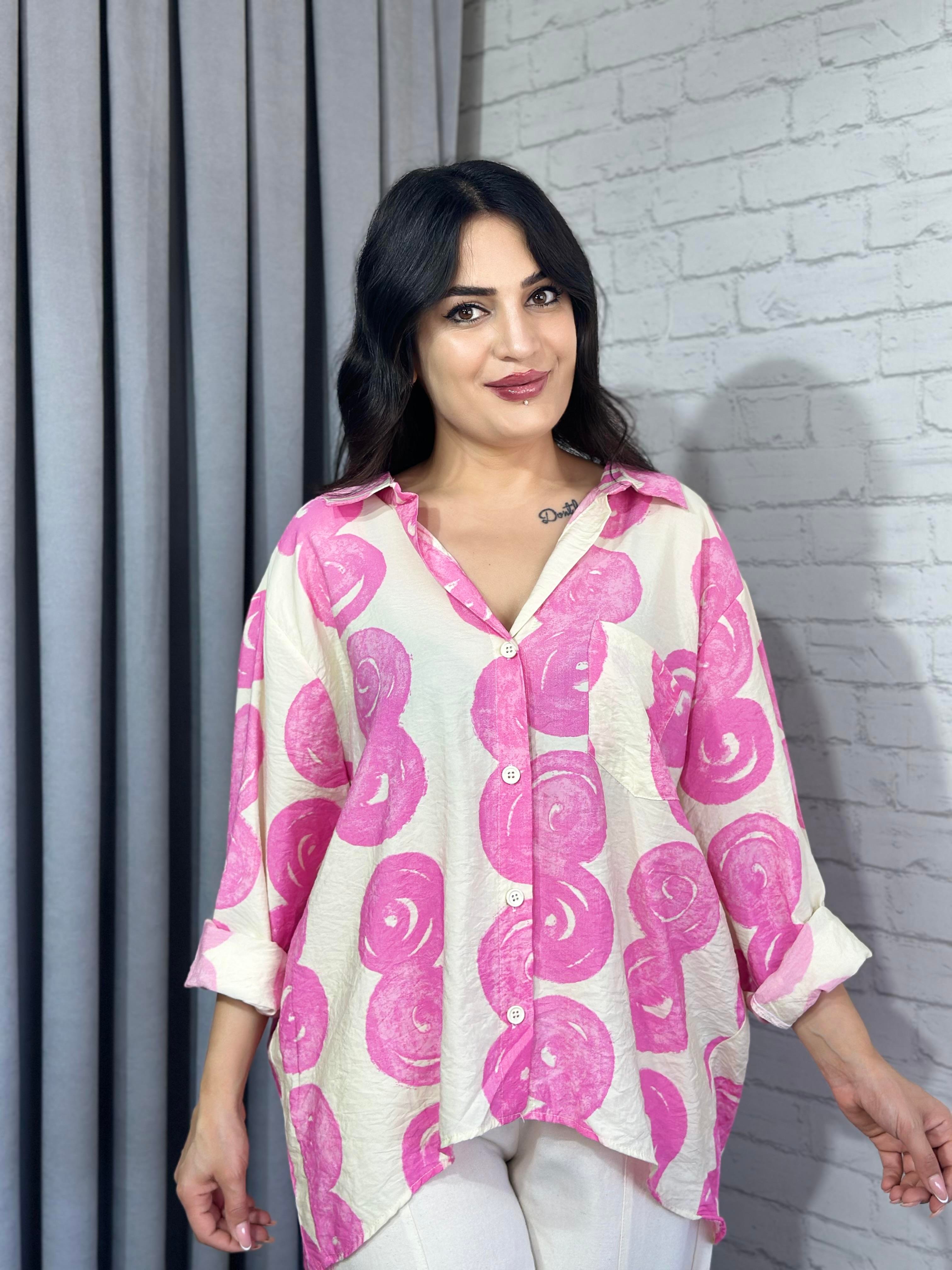 Pembe Ekru Desenli Oversize Gömlek 