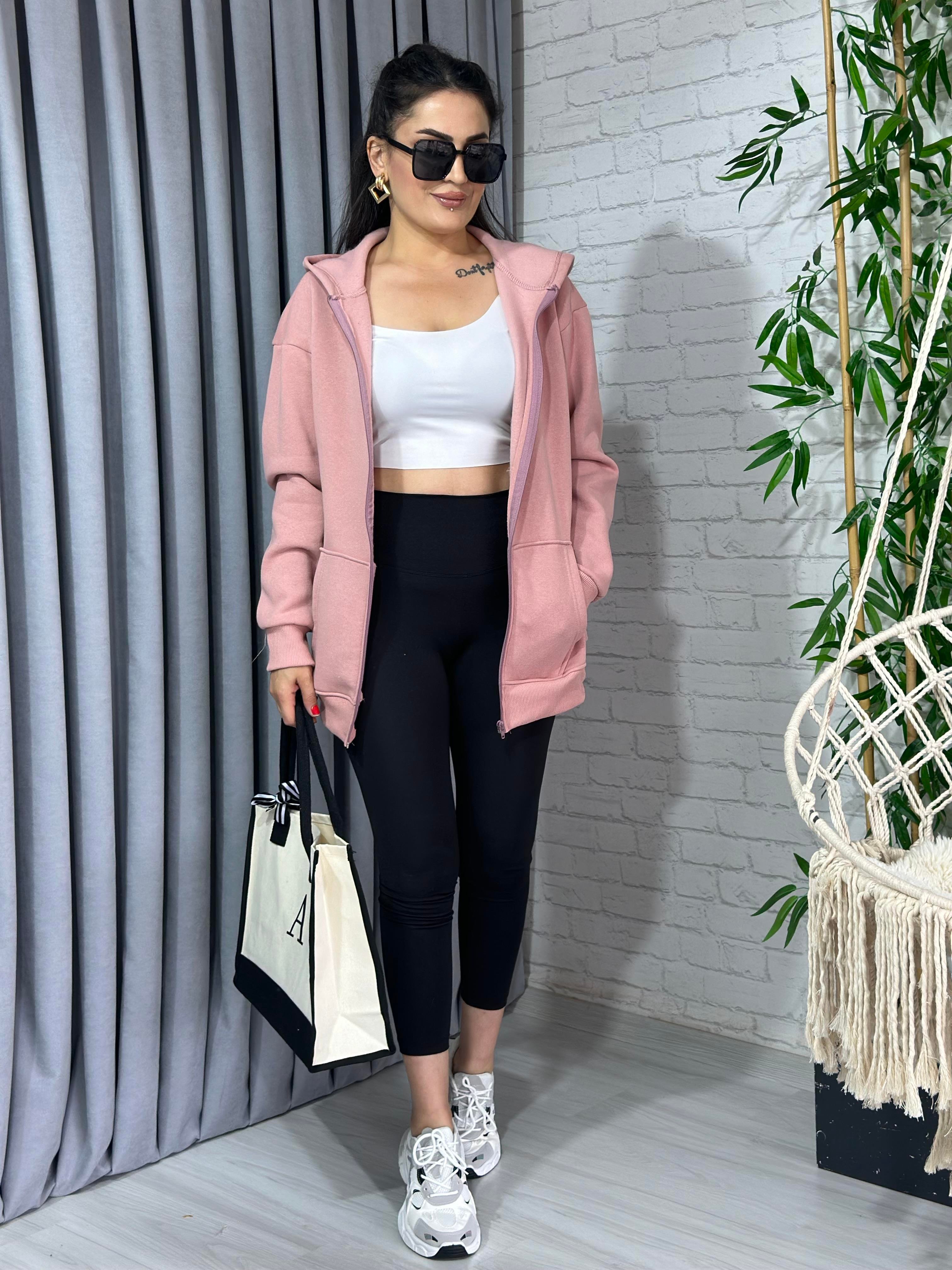 Pembe Oversize Üç İplik Fermuarlı Kapşonlu Sweatshirt