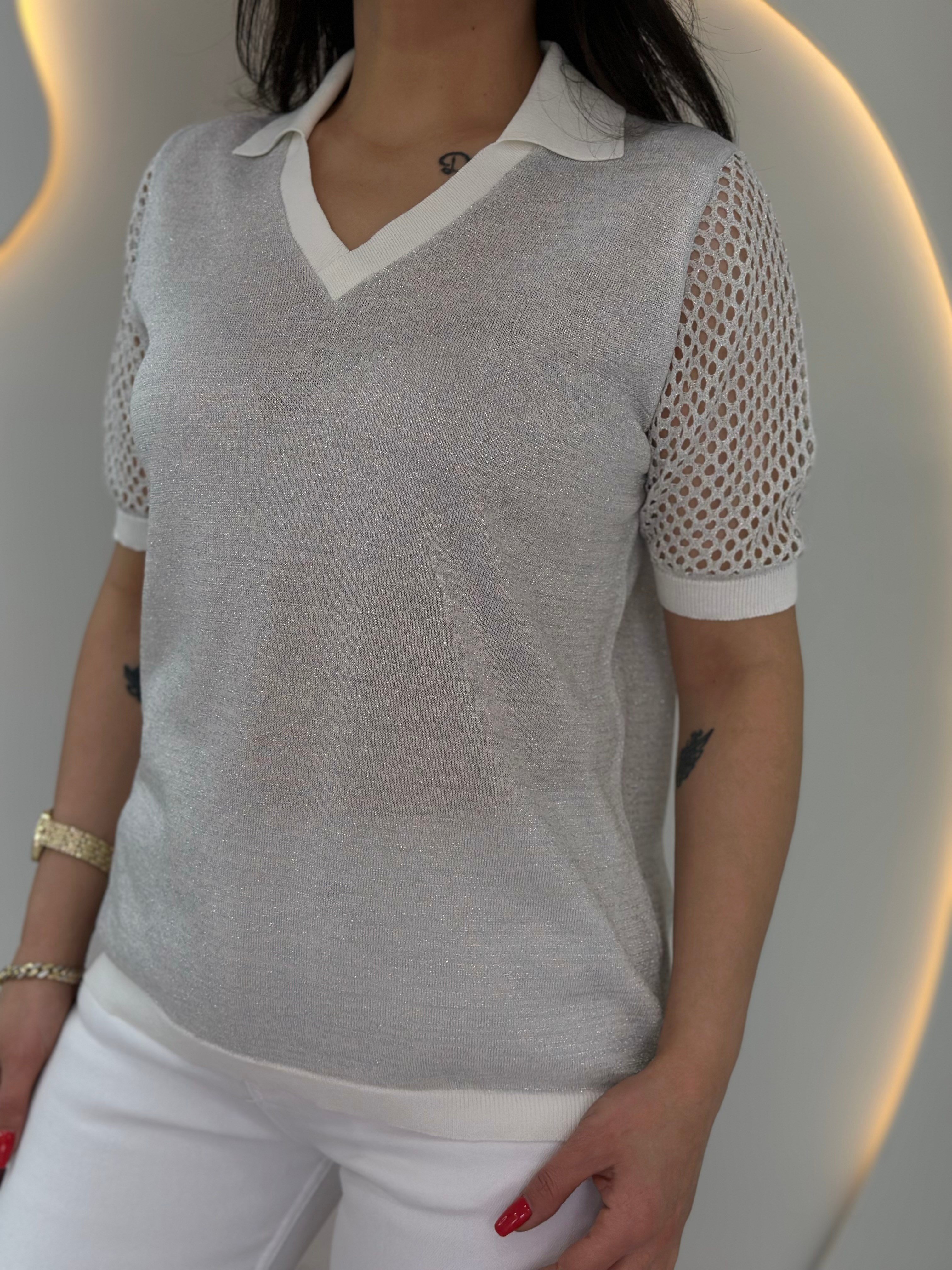 Pera Beyaz  Polo Yaka Ajurlu Çelik Merserize Bluz D089