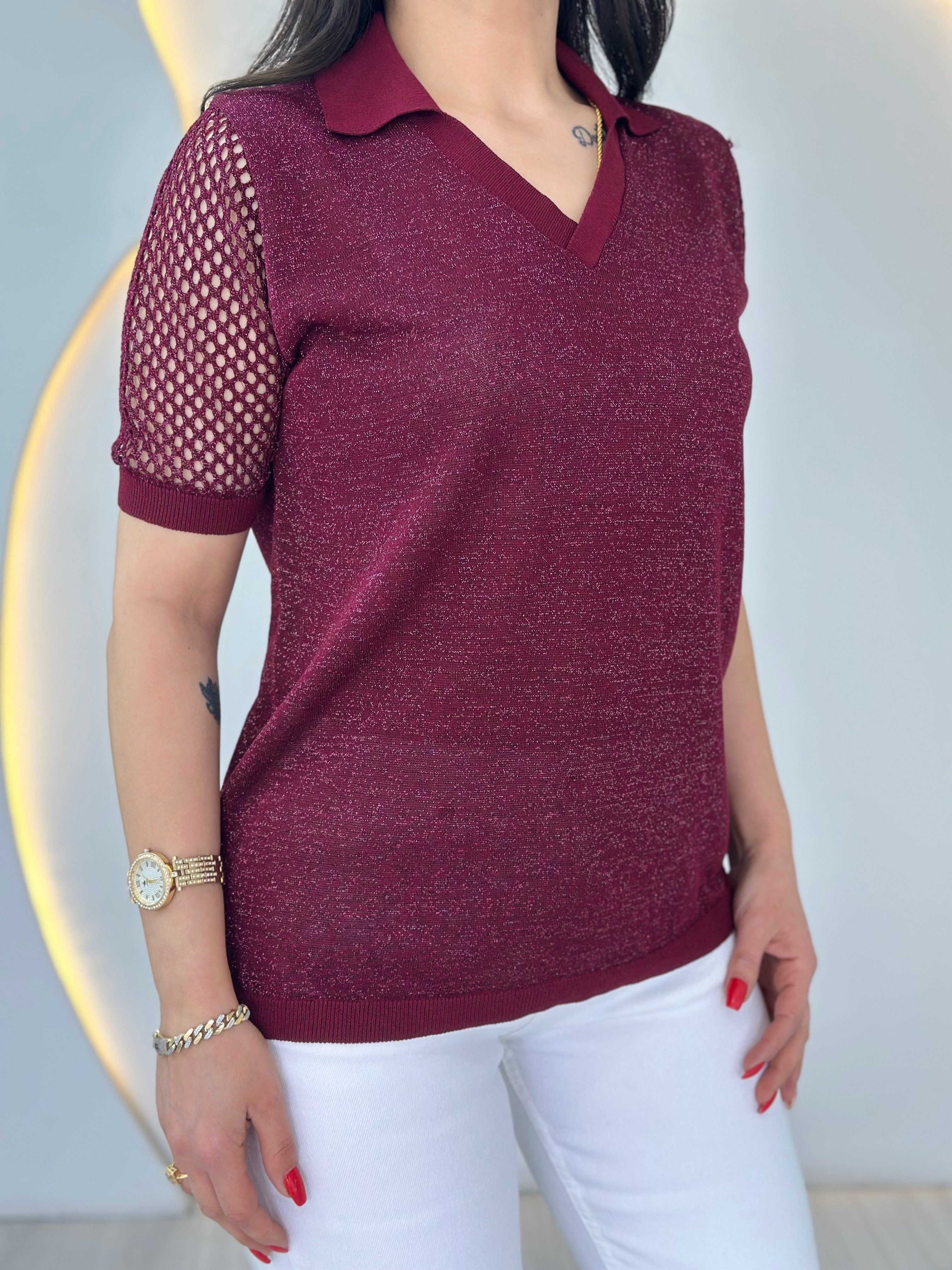 Pera Bordo Polo Yaka Ajurlu Çelik Merserize Bluz D089