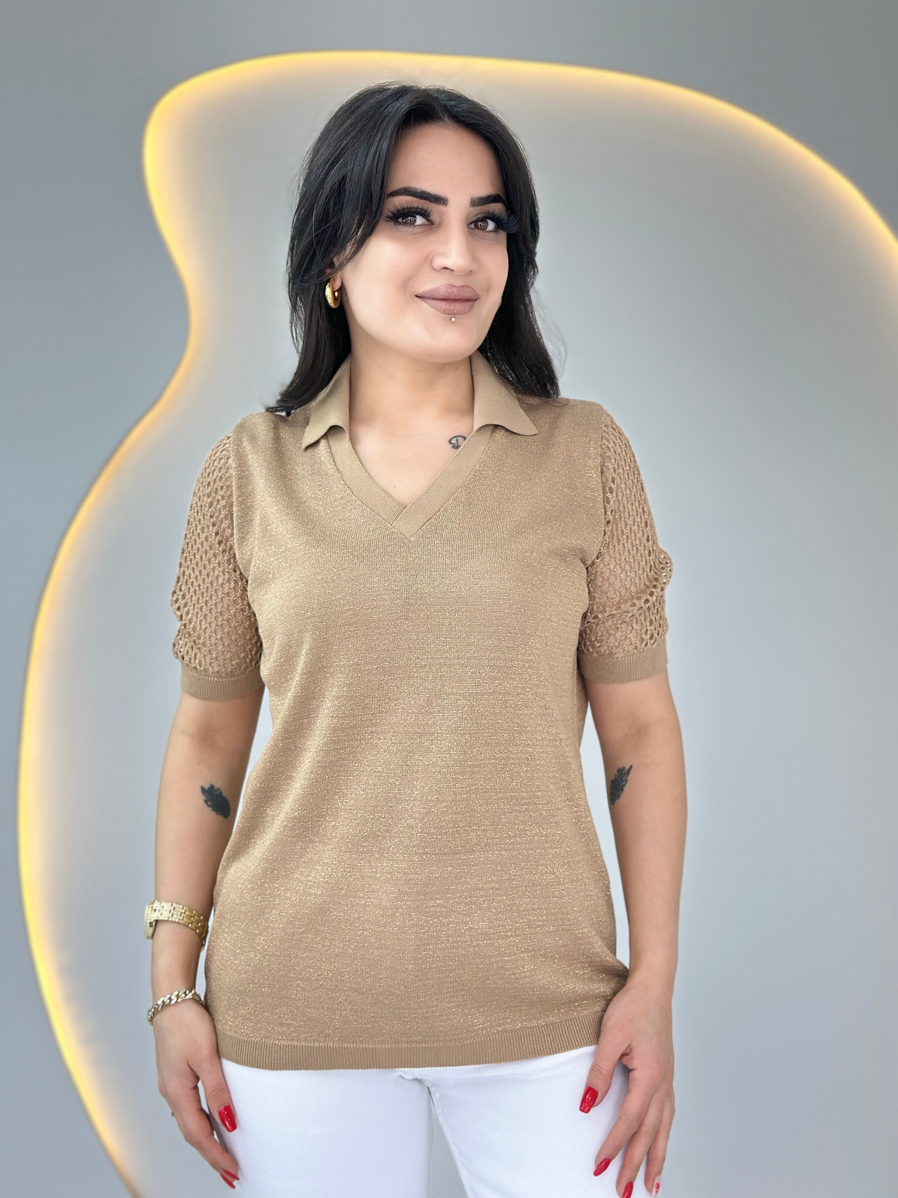 Pera Camel Polo Yaka Ajurlu Çelik Merserize Bluz D089