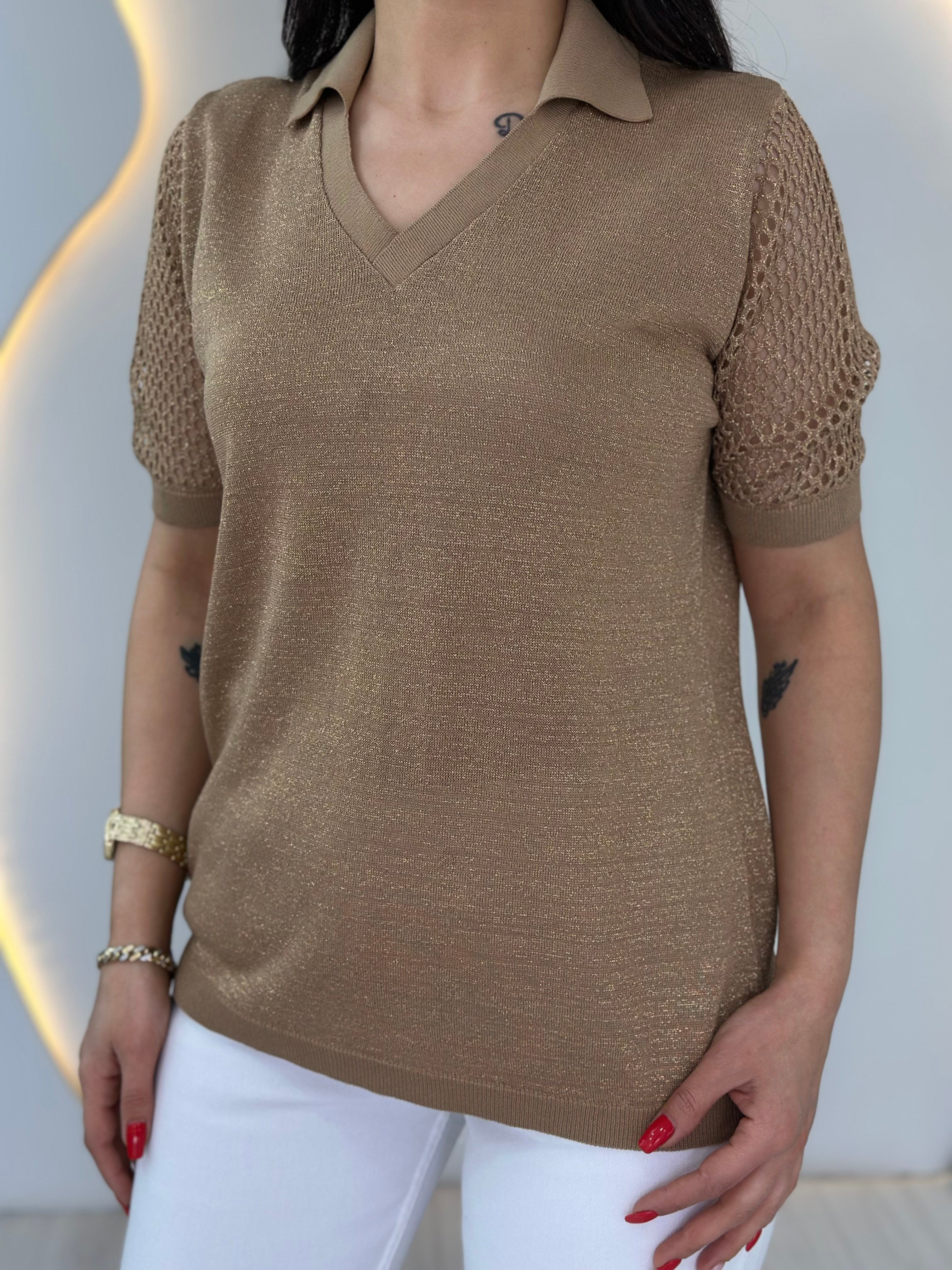 Pera Camel Polo Yaka Ajurlu Çelik Merserize Bluz D089