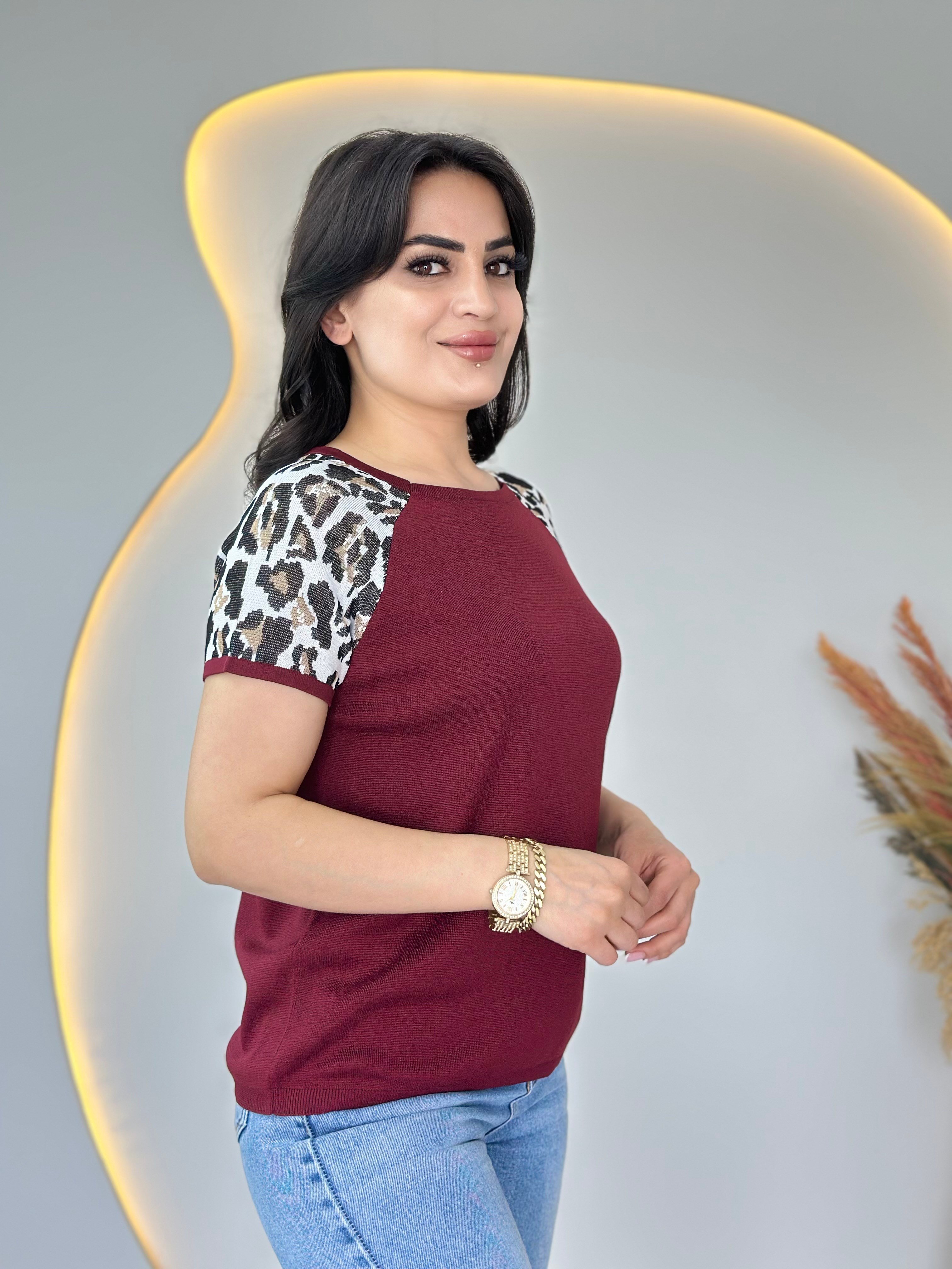 Pita Bordo Bisiklet Yaka Leopar Garnili Merserize Triko Bluz D107