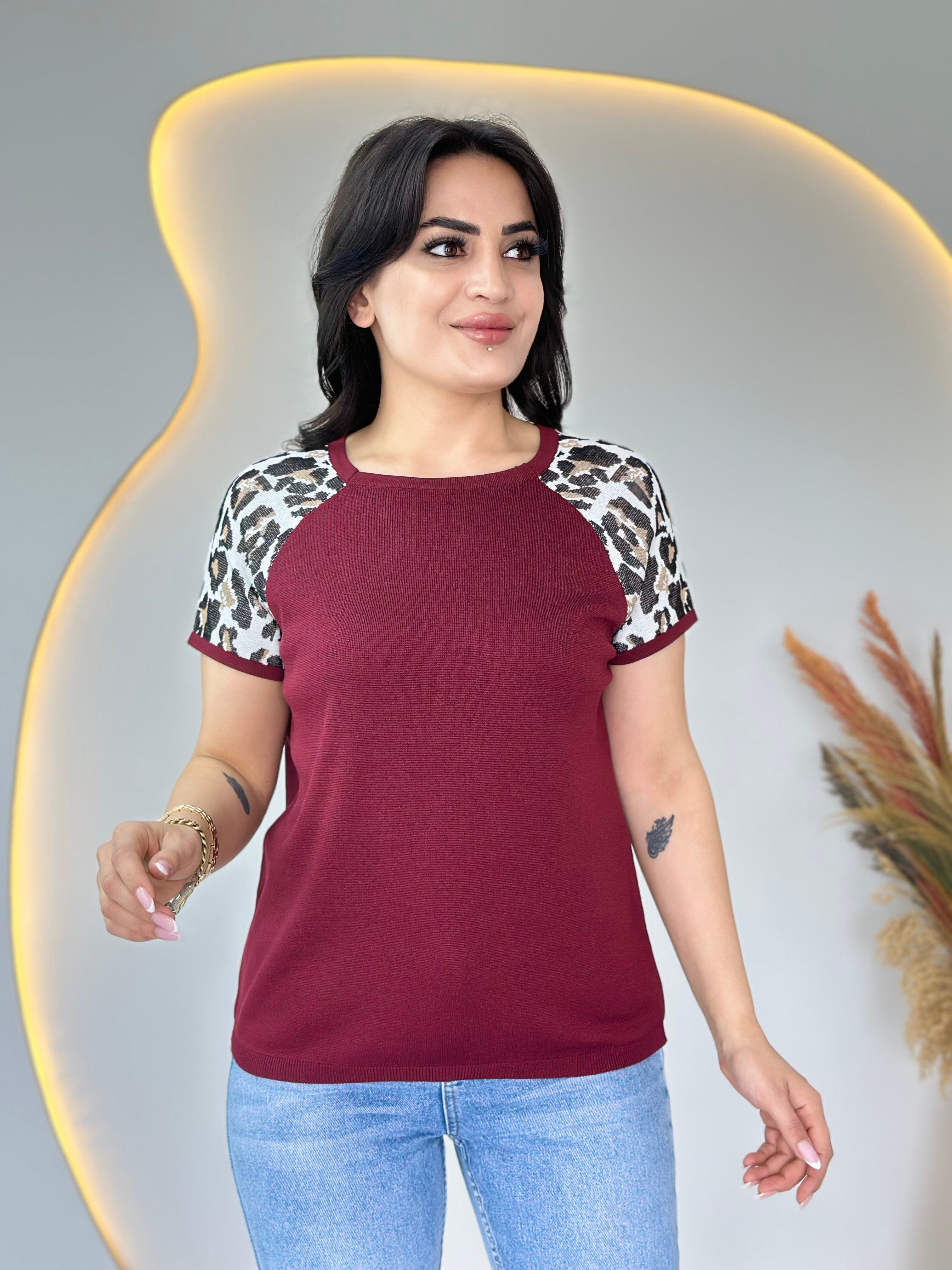 Pita Bordo Bisiklet Yaka Leopar Garnili Merserize Triko Bluz D107