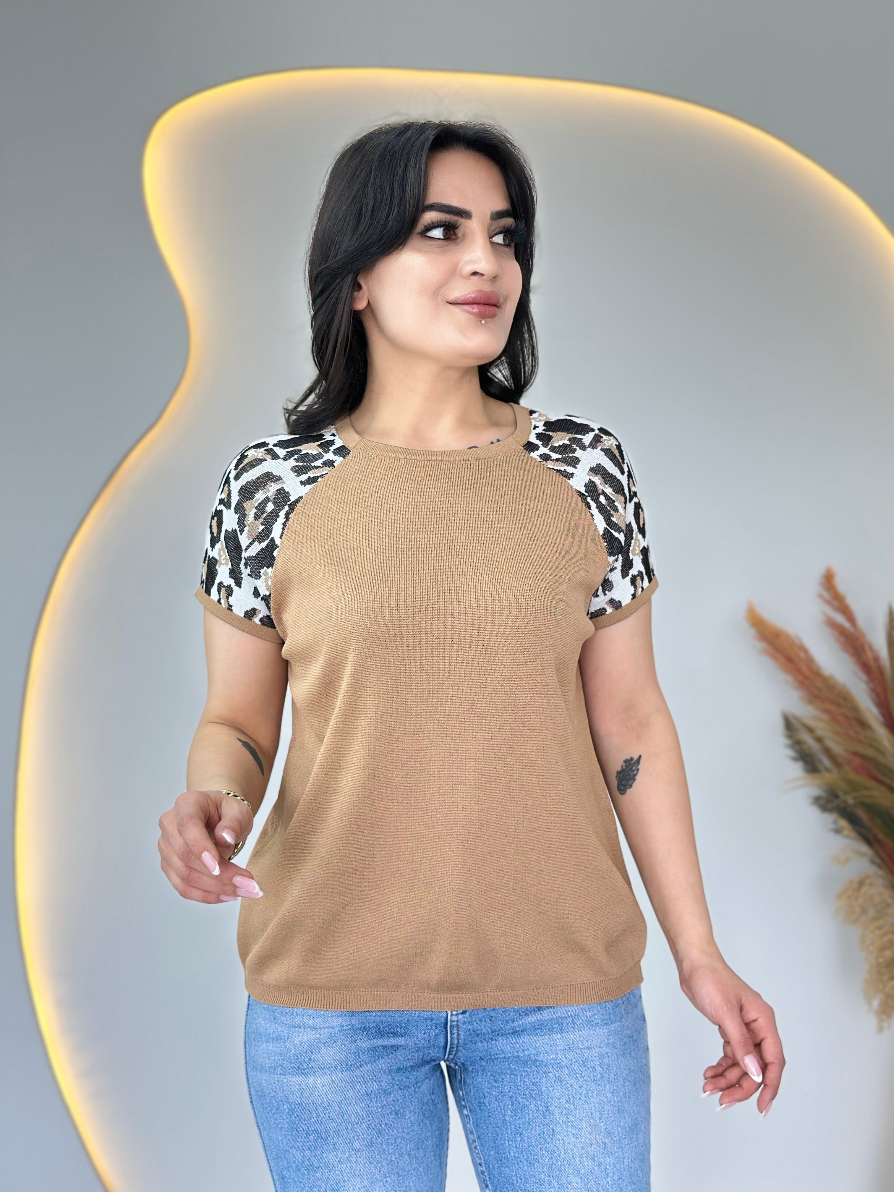 Pita Camel Bisiklet Yaka Leopar Garnili Merserize Triko Bluz D107