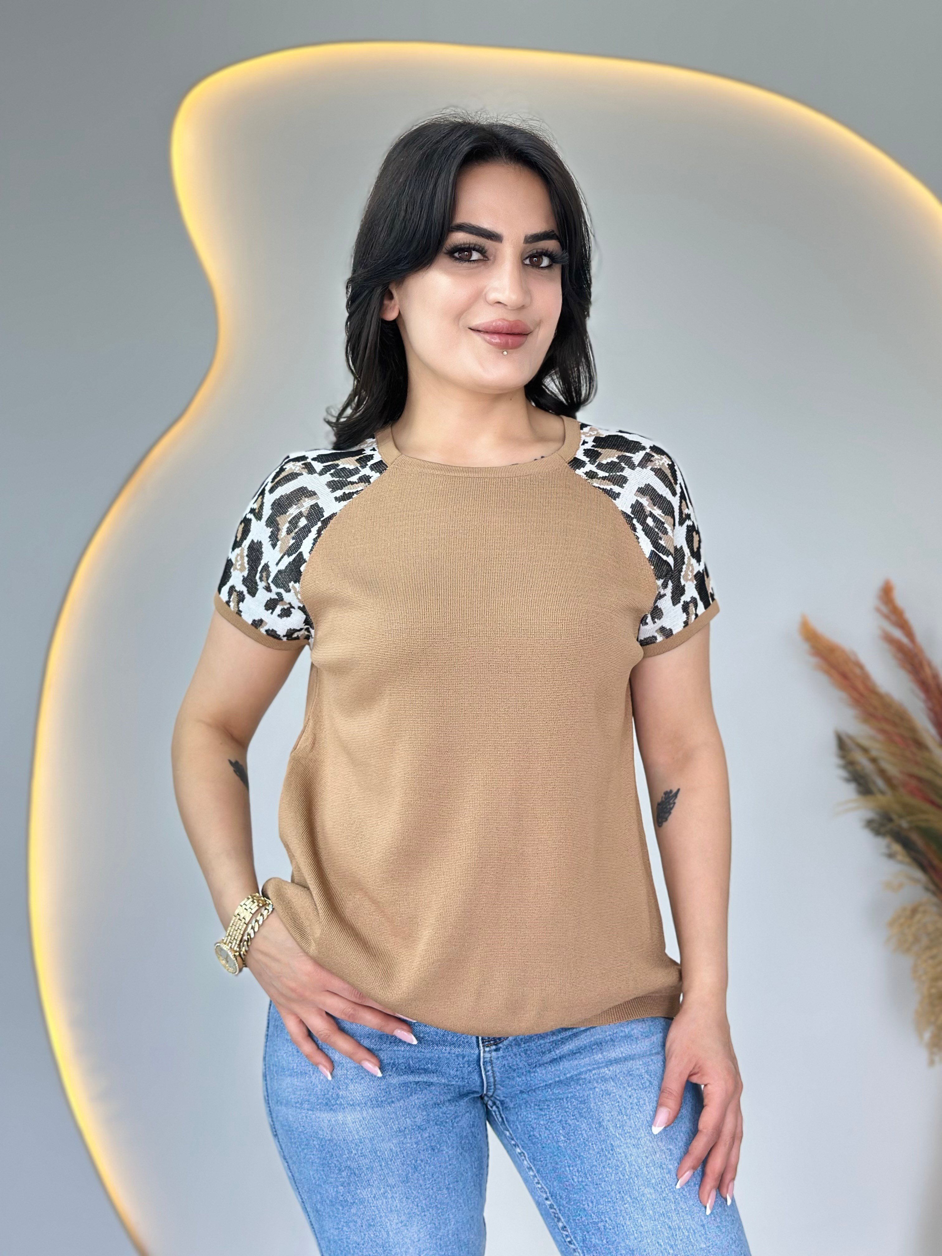 Pita Camel Bisiklet Yaka Leopar Garnili Merserize Triko Bluz D107