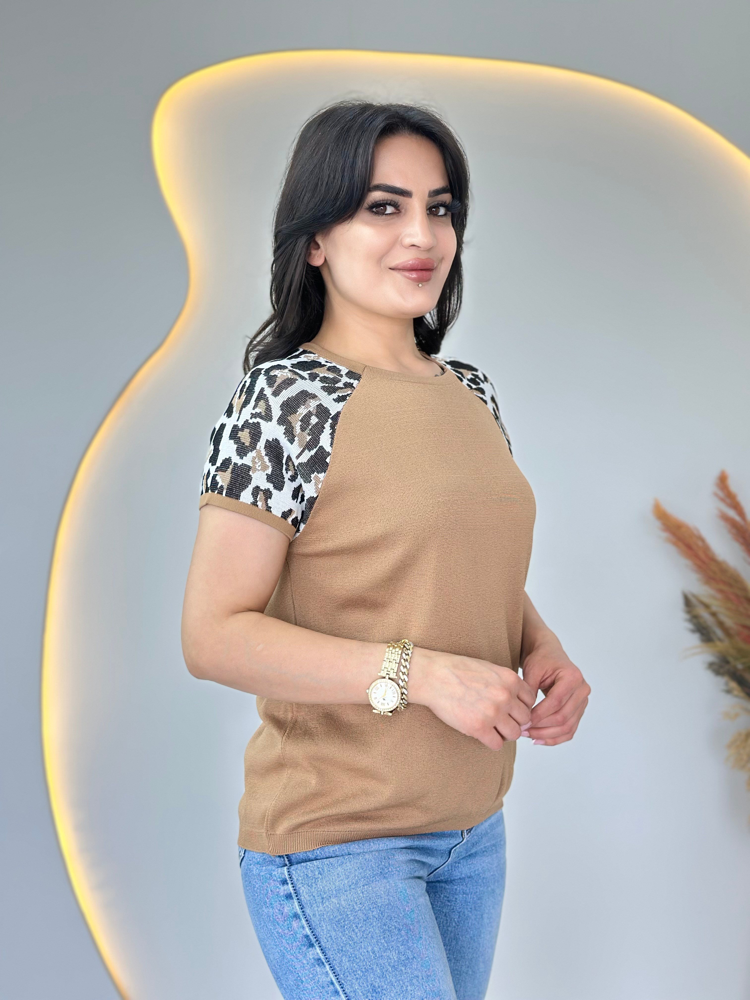 Pita Camel Bisiklet Yaka Leopar Garnili Merserize Triko Bluz D107