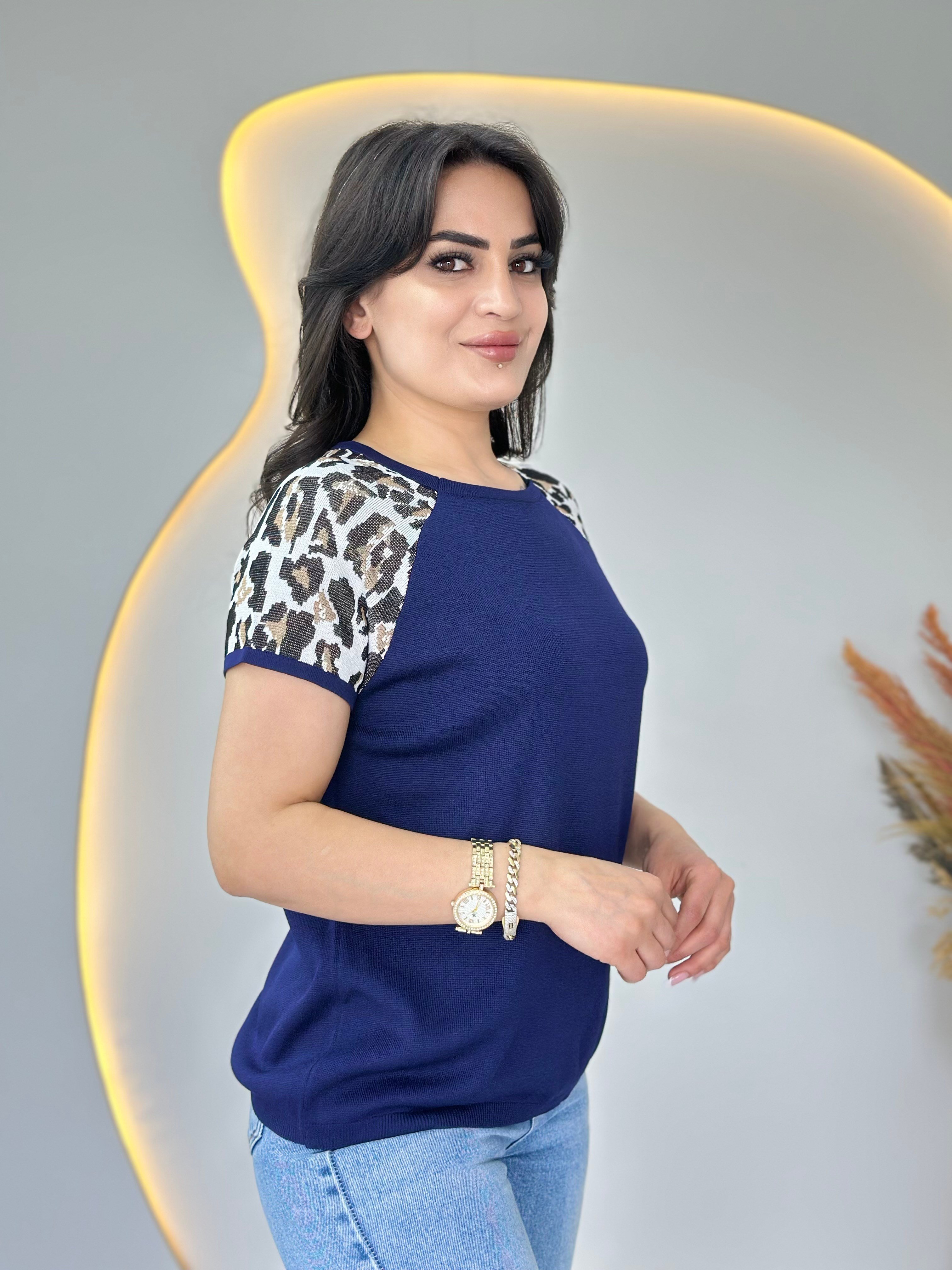 Pita Lacivert Bisiklet Yaka Leopar Garnili Merserize Triko Bluz D107