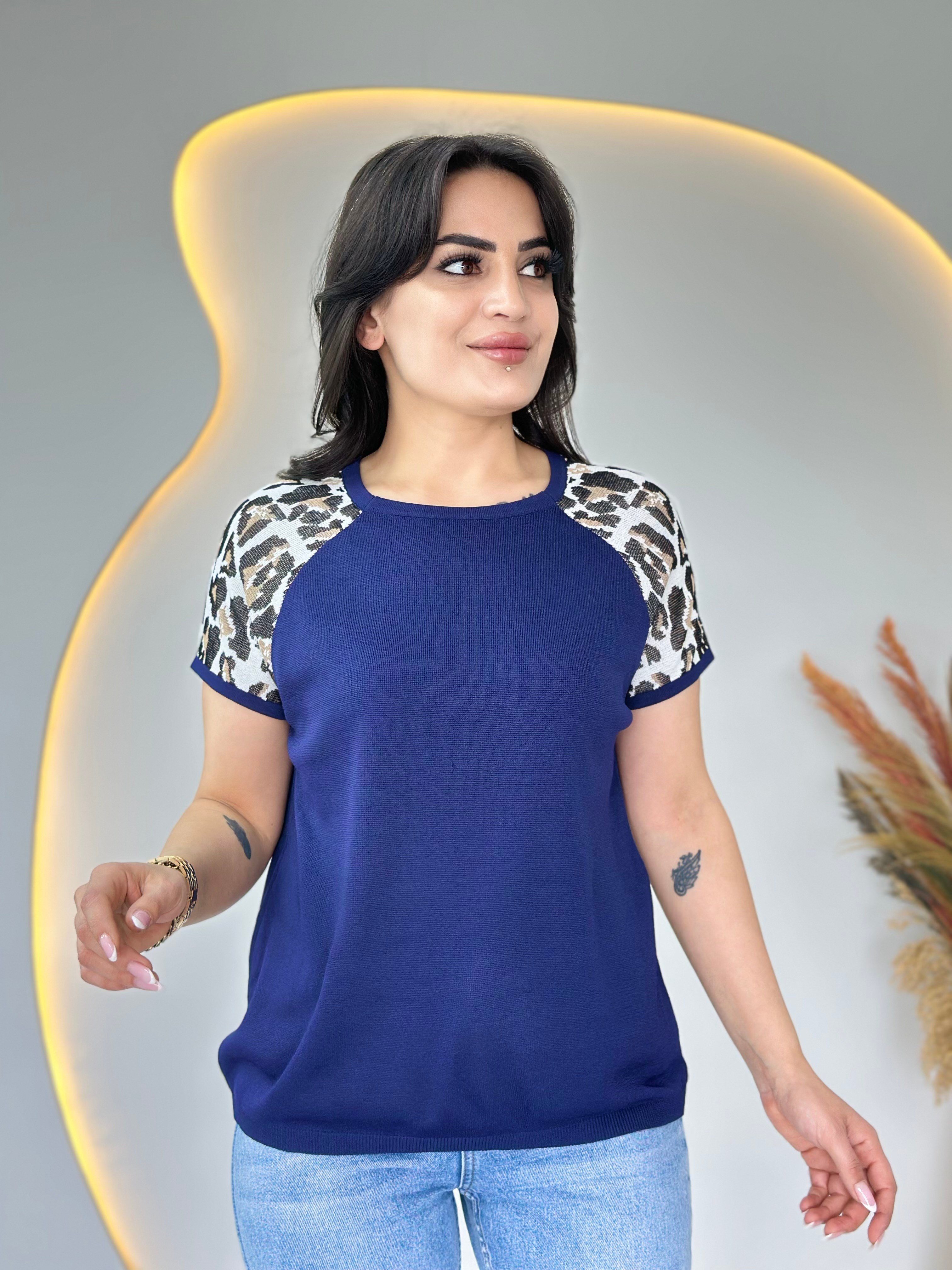 Pita Lacivert Bisiklet Yaka Leopar Garnili Merserize Triko Bluz D107