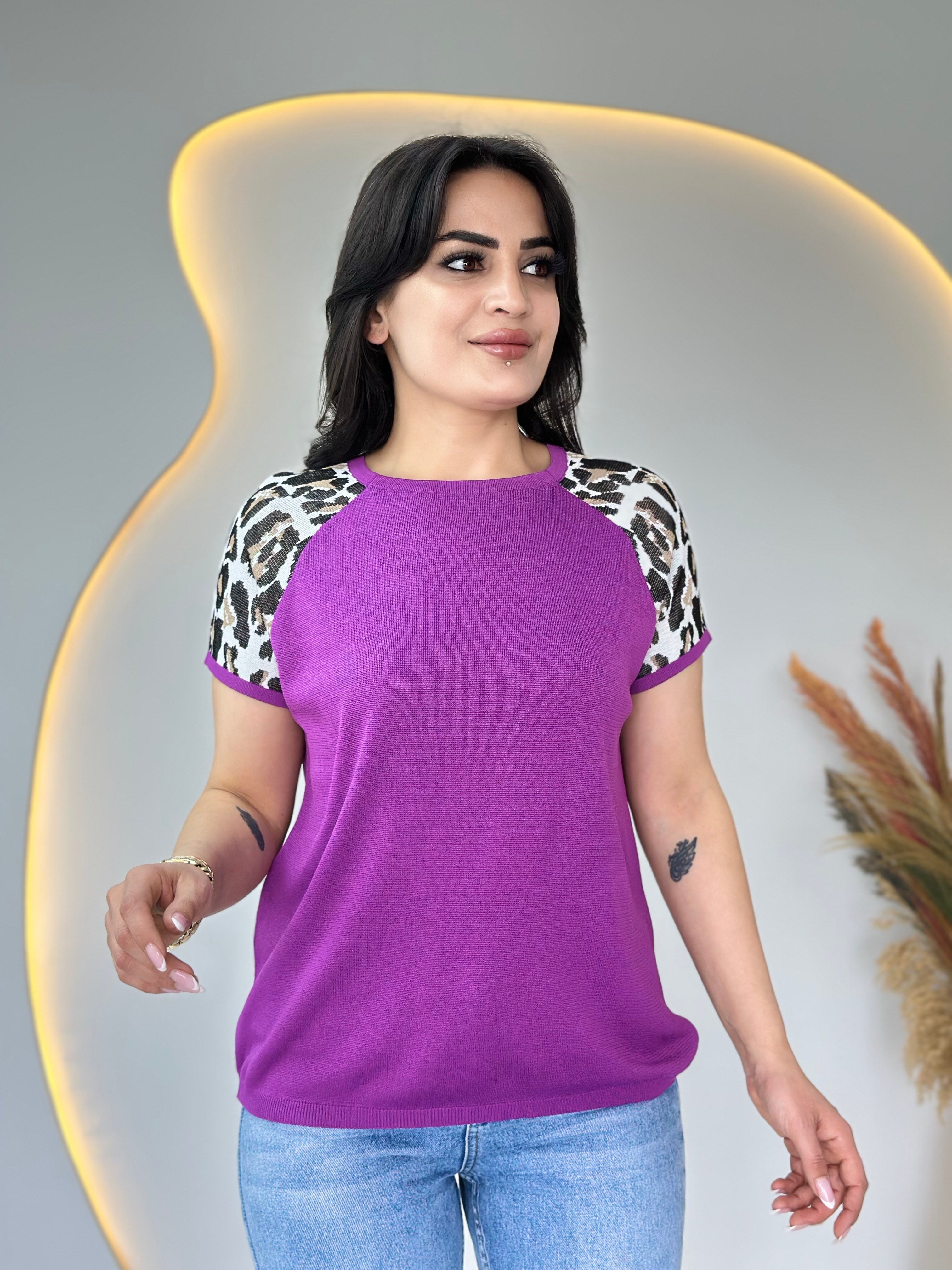 Pita Mor Bisiklet Yaka Leopar Garnili Merserize Triko Bluz D107