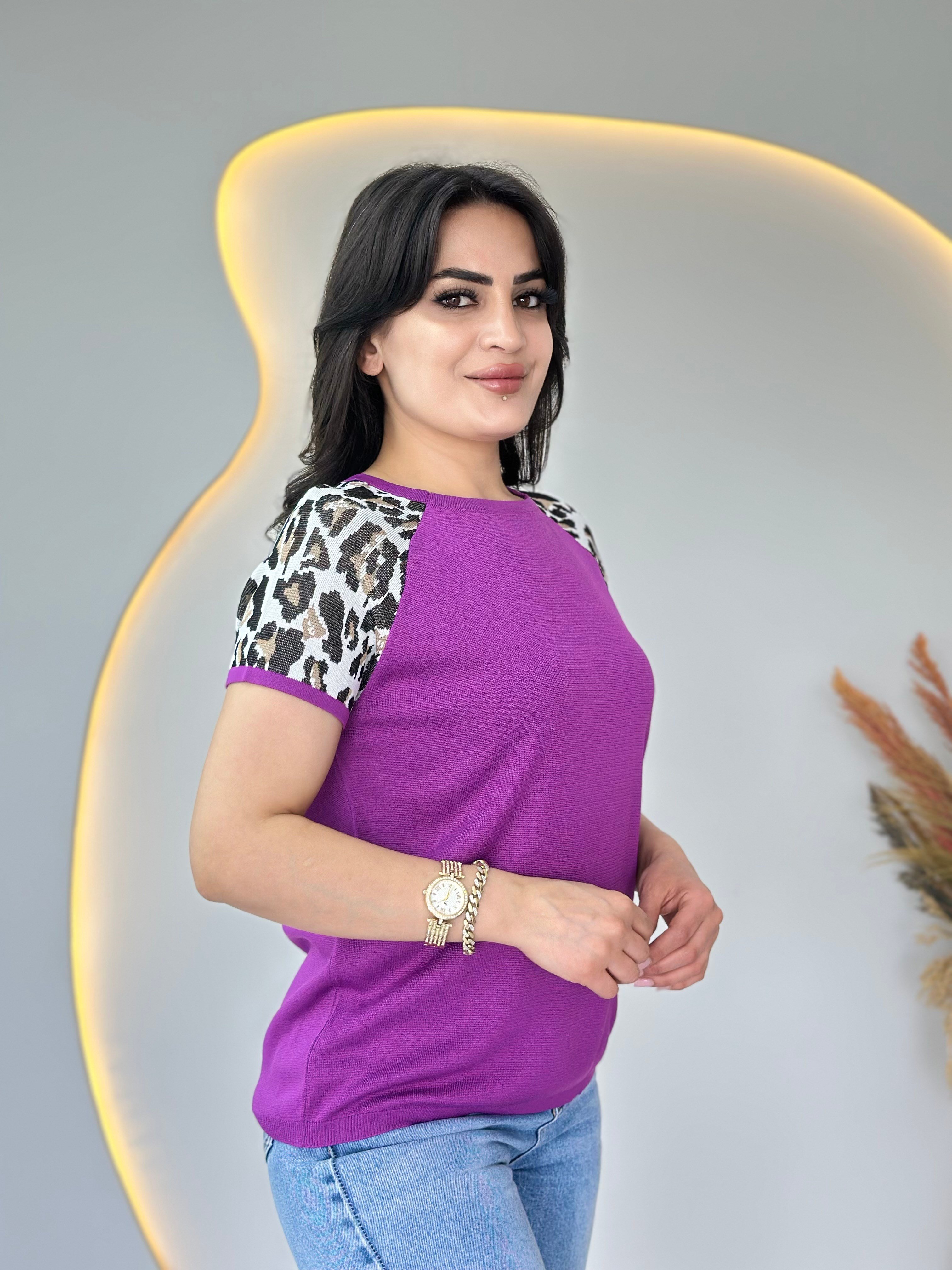 Pita Mor Bisiklet Yaka Leopar Garnili Merserize Triko Bluz D107