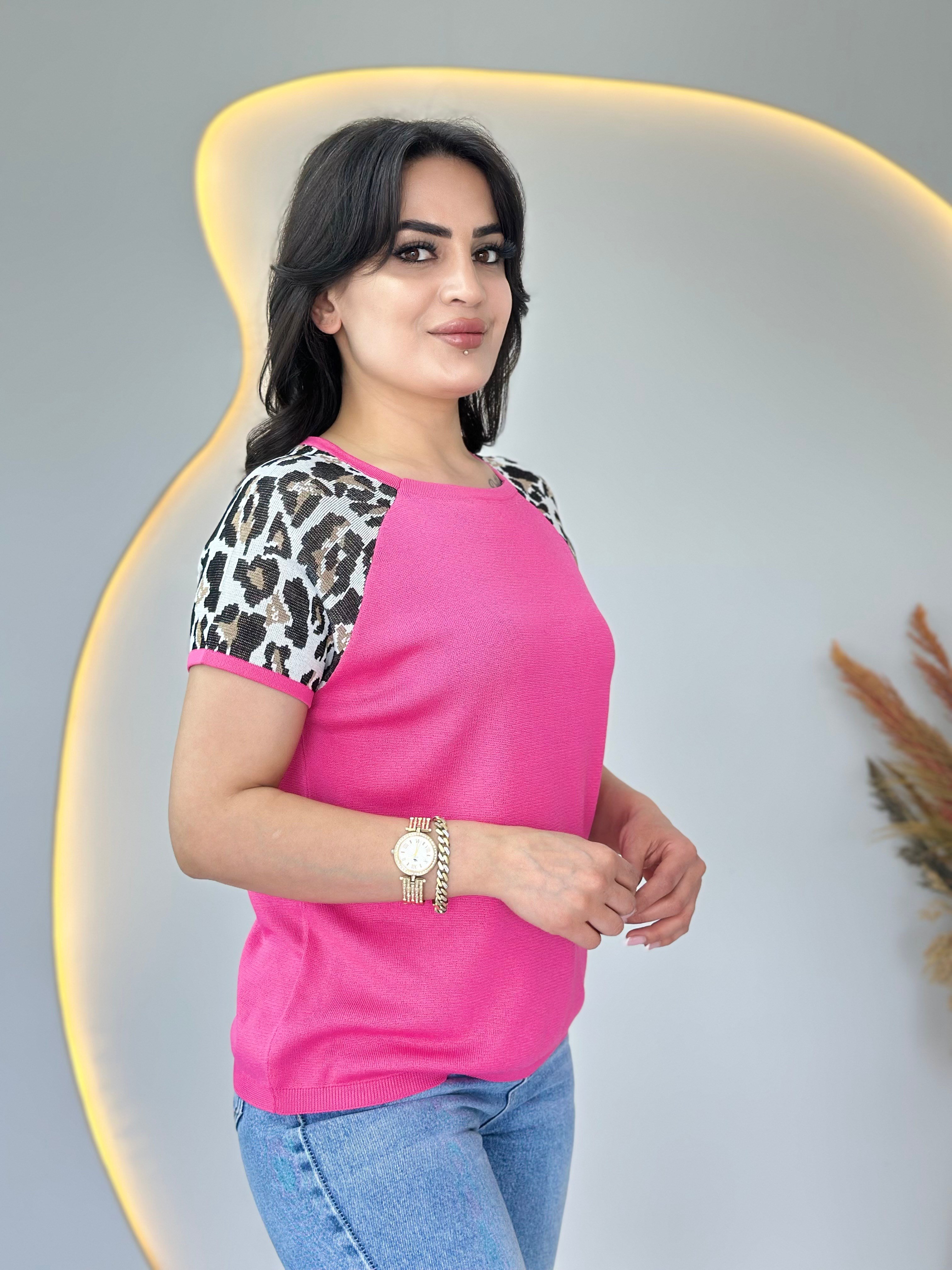 Pita Pembe Bisiklet Yaka Leopar Garnili Merserize Triko Bluz D107