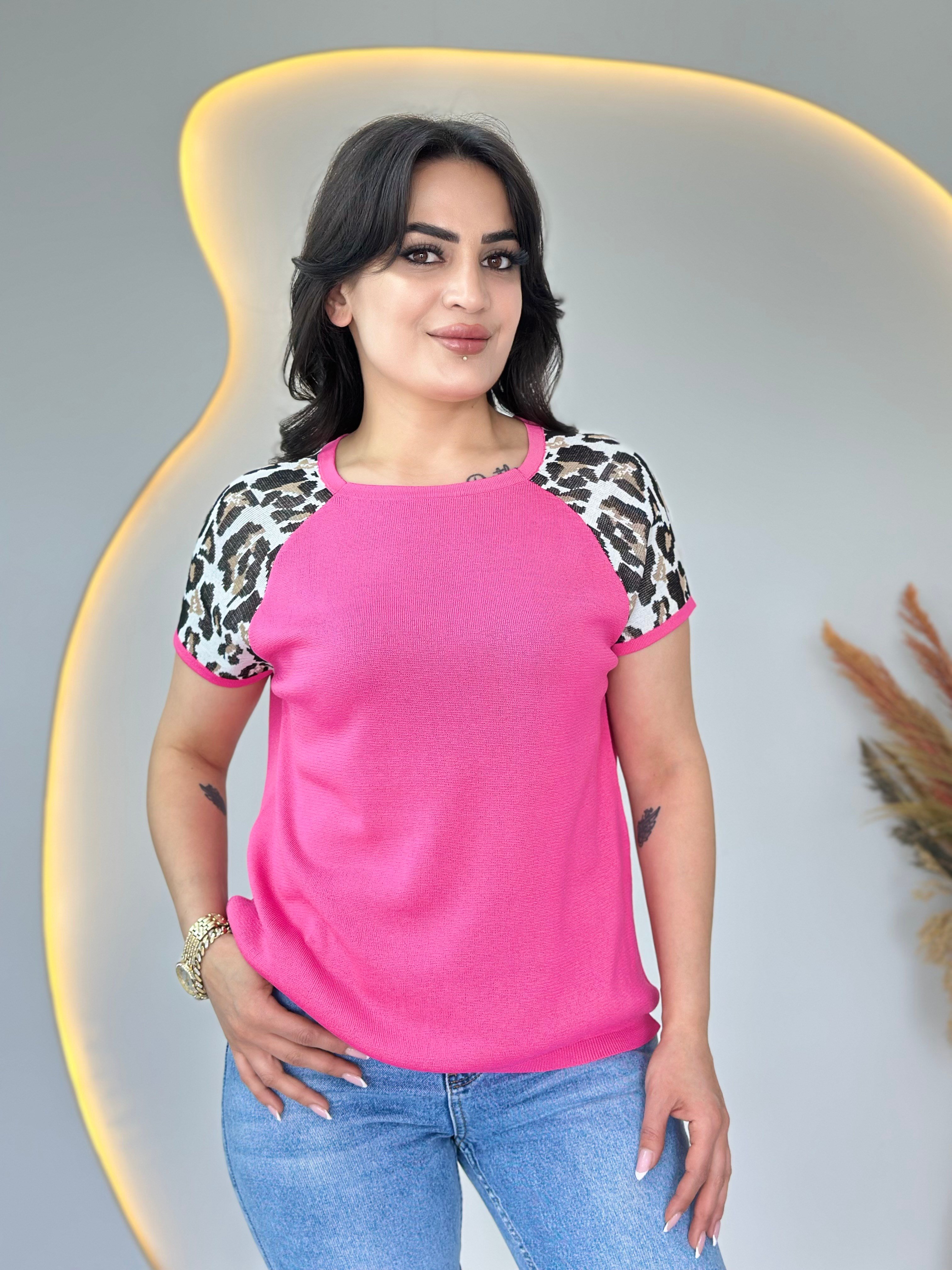 Pita Pembe Bisiklet Yaka Leopar Garnili Merserize Triko Bluz D107