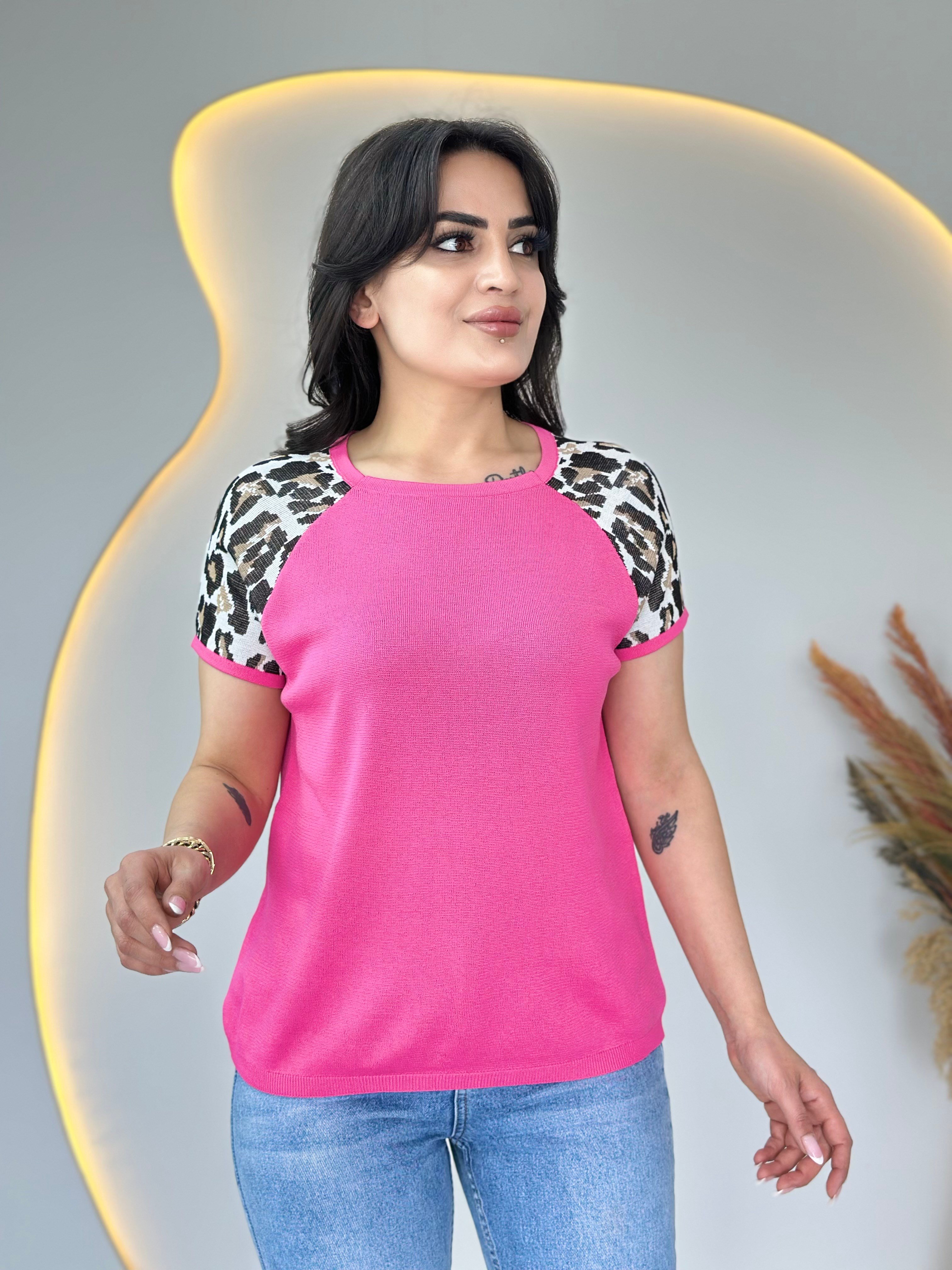 Pita Pembe Bisiklet Yaka Leopar Garnili Merserize Triko Bluz D107