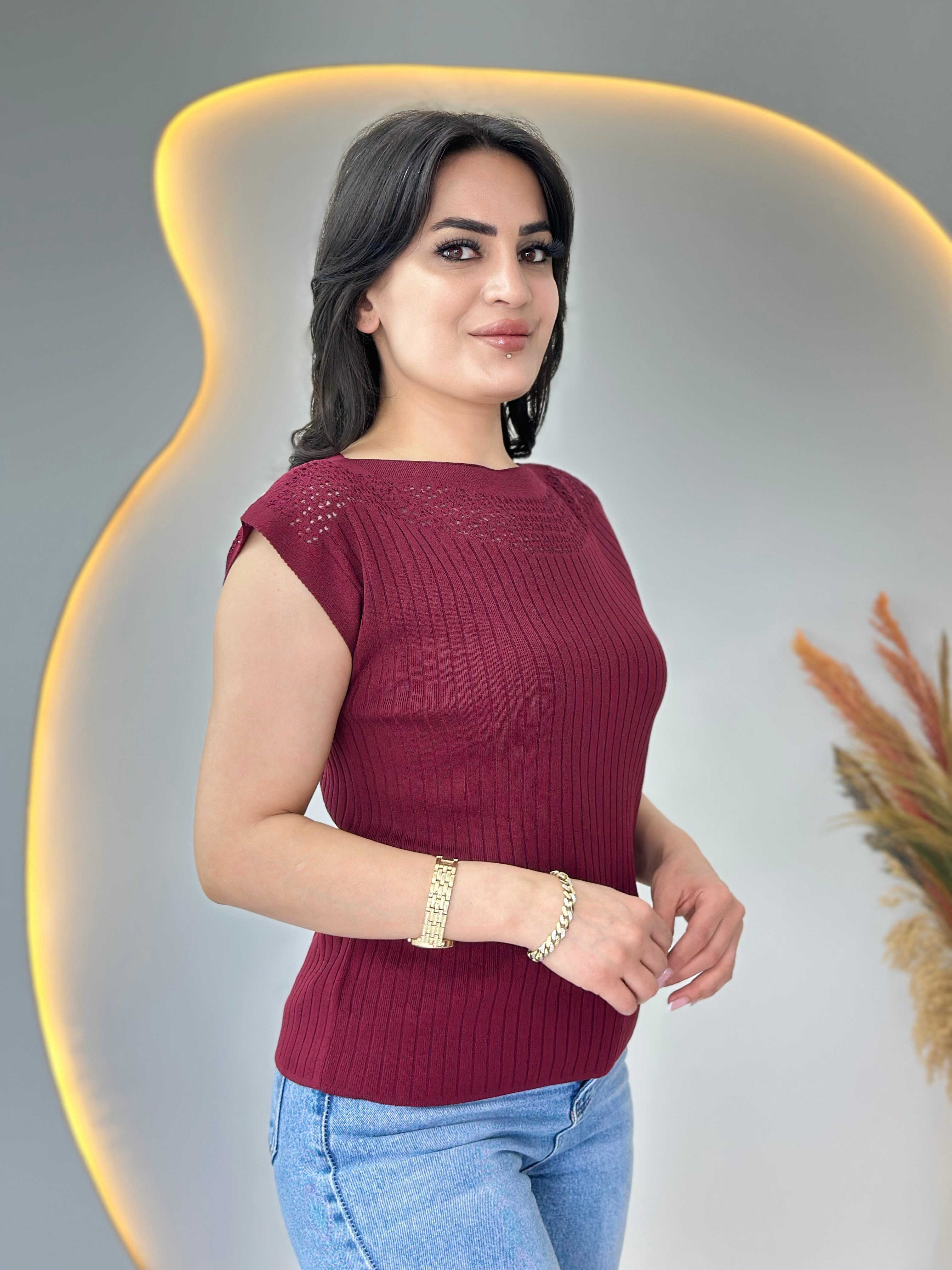 Pote Bordo Yaka Ajurlu Mevsimlik Triko Bluz D111