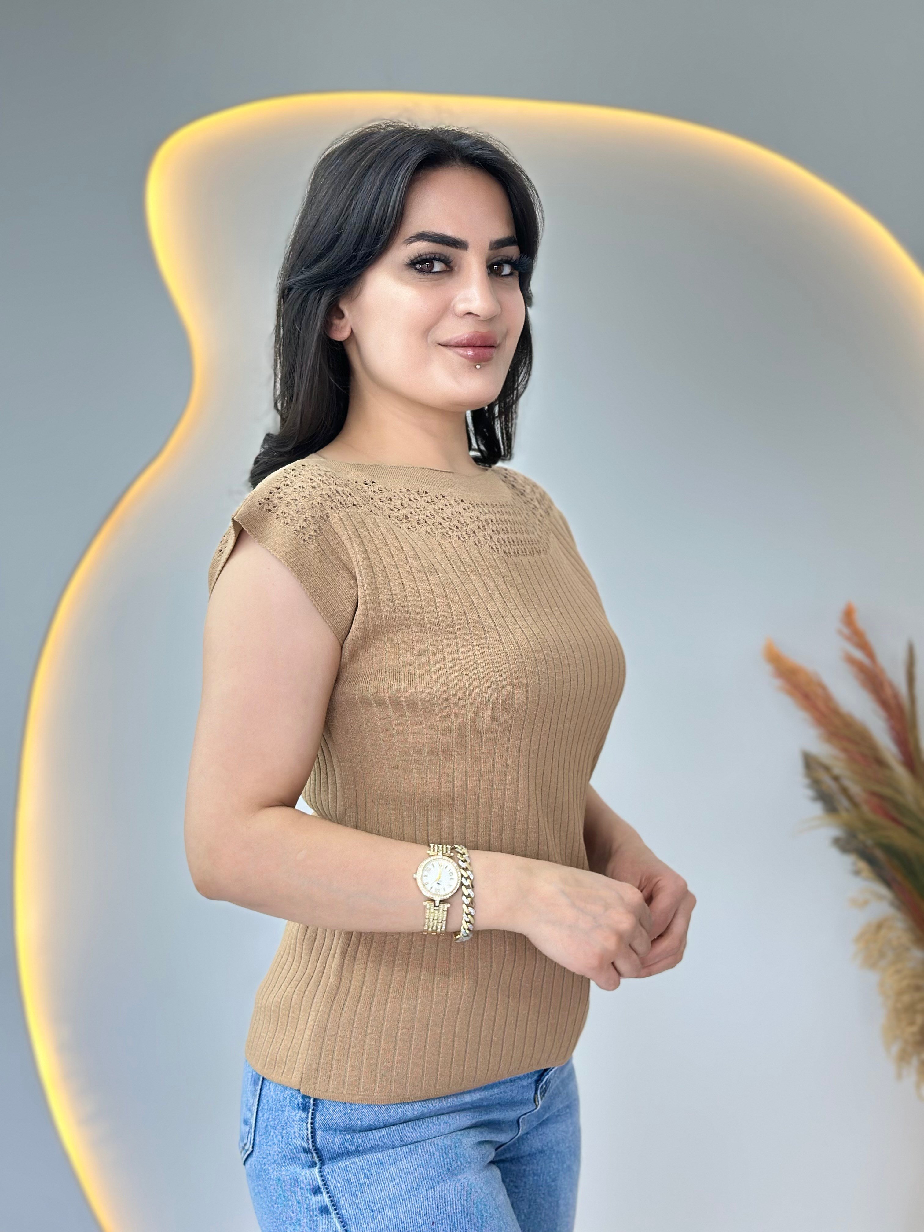Pote Camel Yaka Ajurlu Mevsimlik Triko Bluz D111