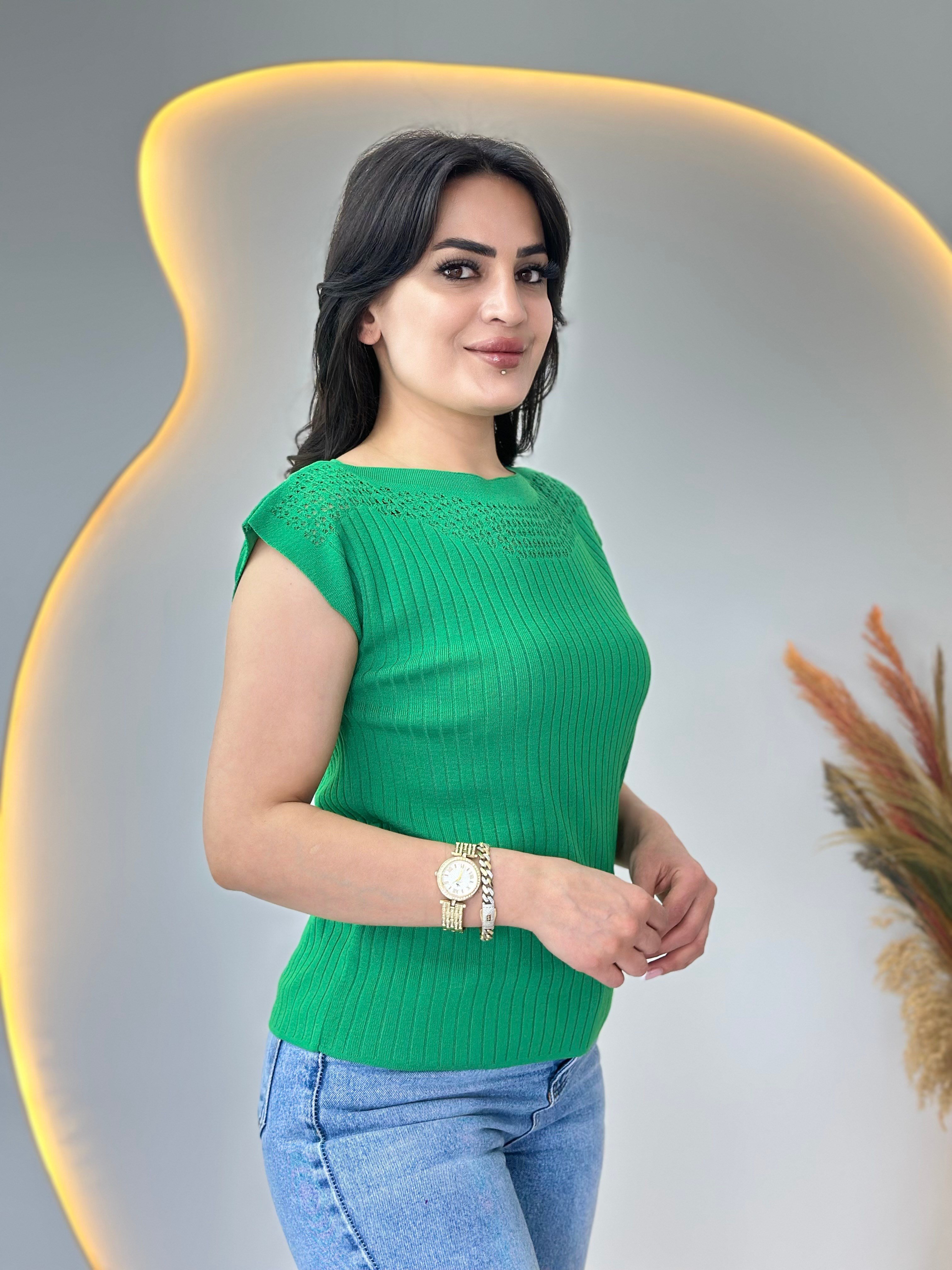 Pote Çimen Yeşili Yaka Ajurlu Mevsimlik Triko Bluz D110