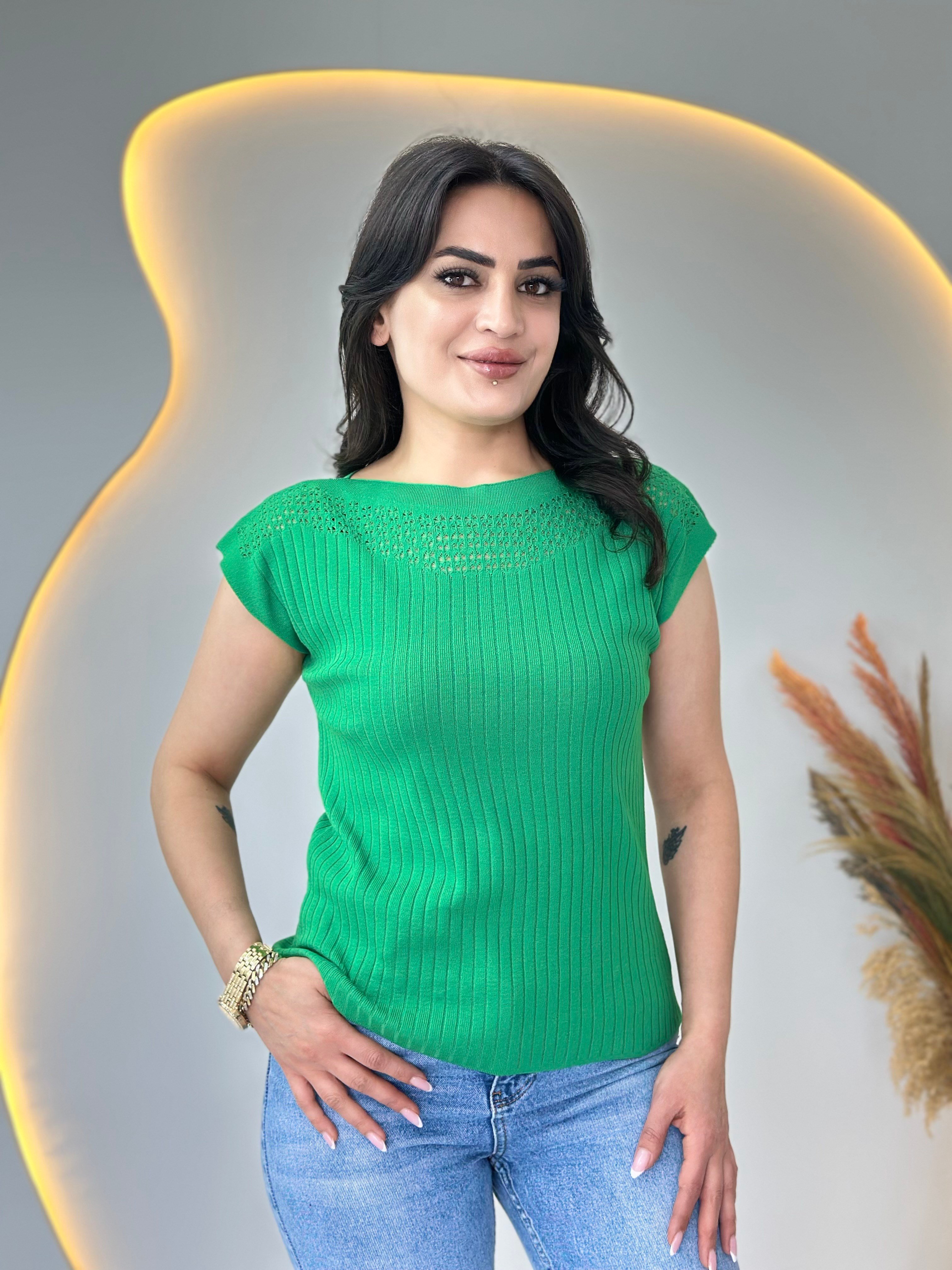 Pote Çimen Yeşili Yaka Ajurlu Mevsimlik Triko Bluz D110