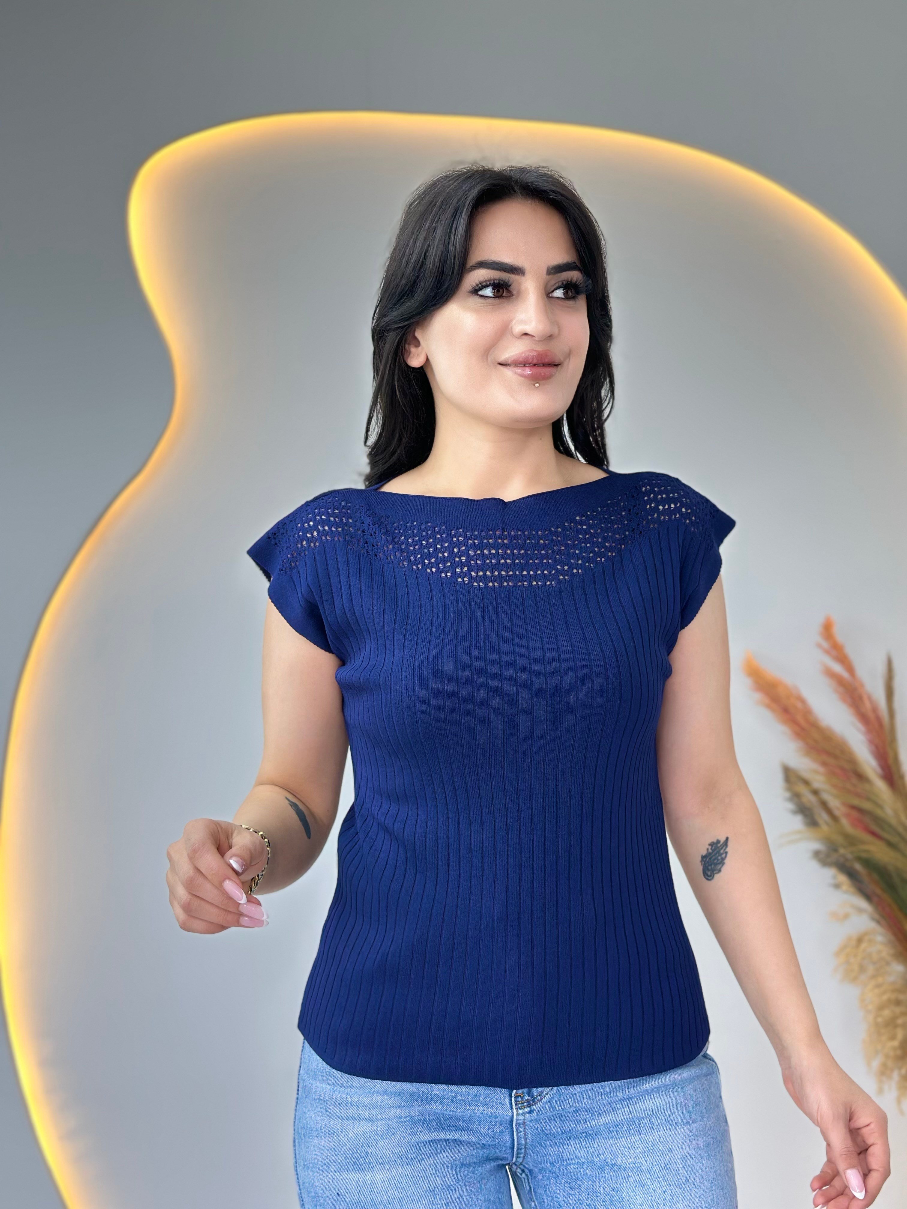Pote Lacivert Yaka Ajurlu Mevsimlik Triko Bluz D111