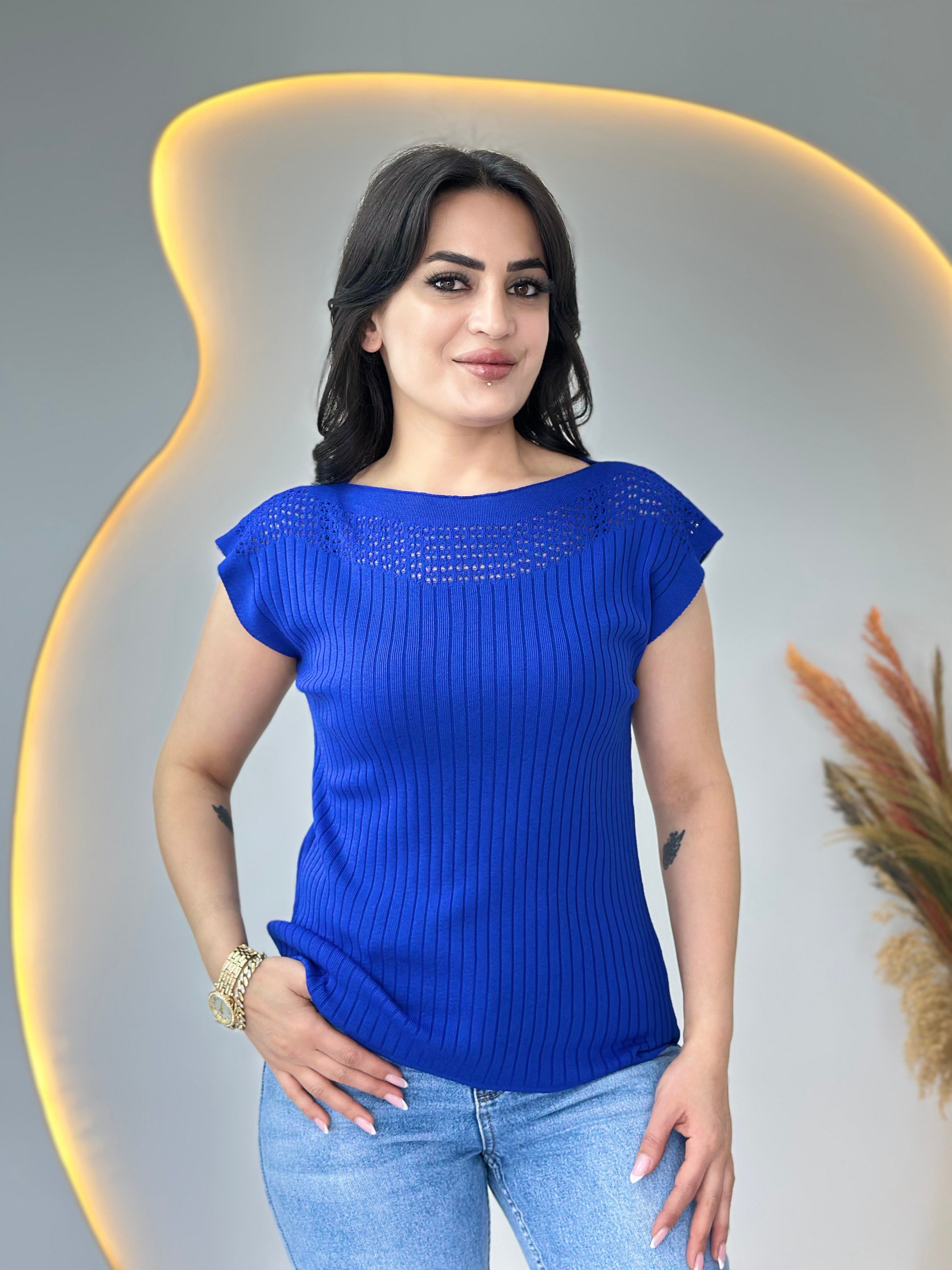 Pote Saks Mavi Yaka Ajurlu Mevsimlik Triko Bluz D111