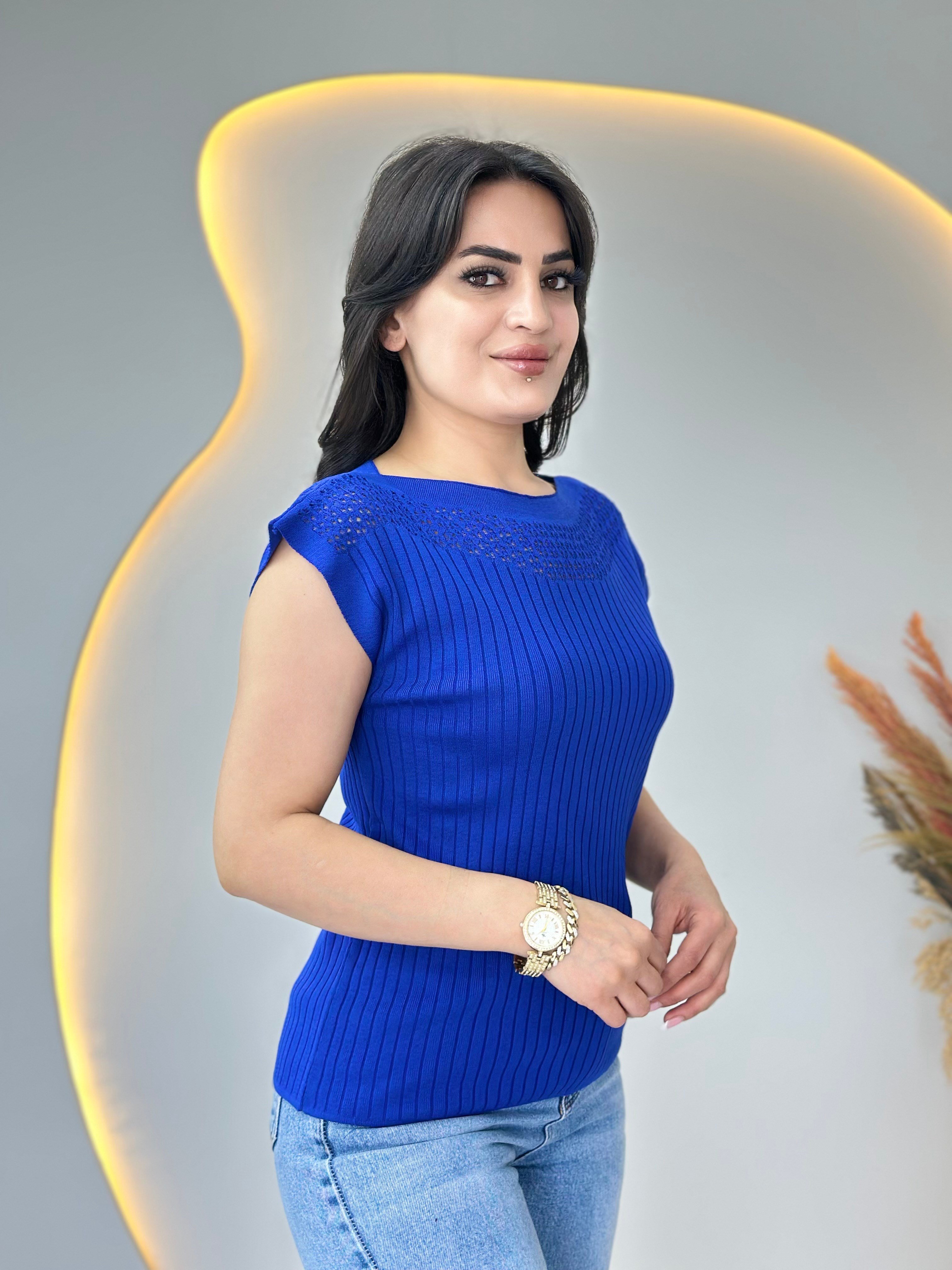 Pote Saks Mavi Yaka Ajurlu Mevsimlik Triko Bluz D111