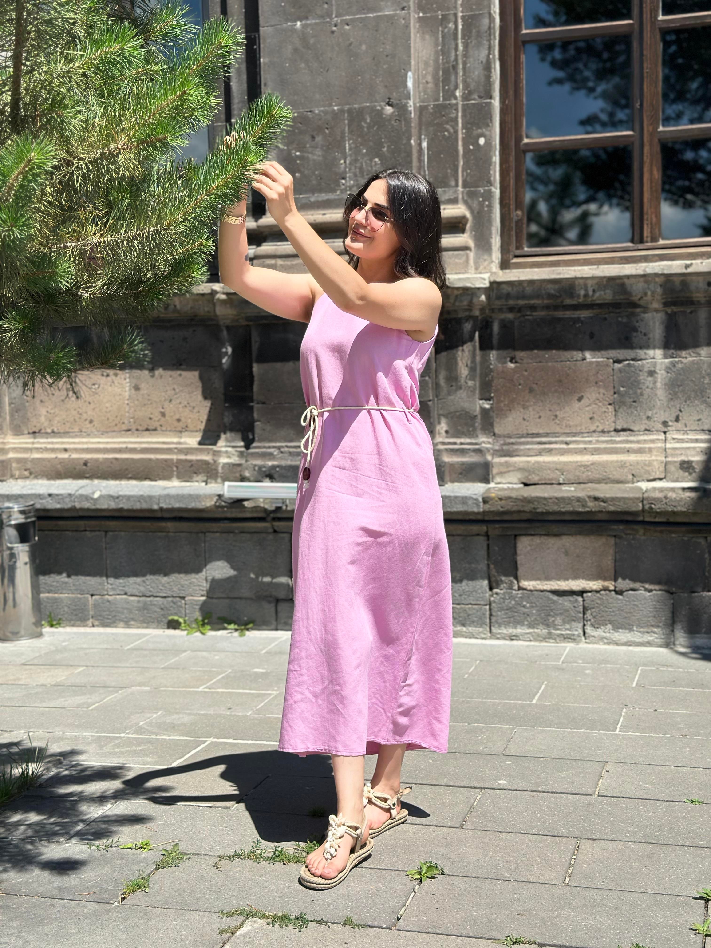 Pudra İp Askı Keten Kumaş Hasır Kemerli Elbise