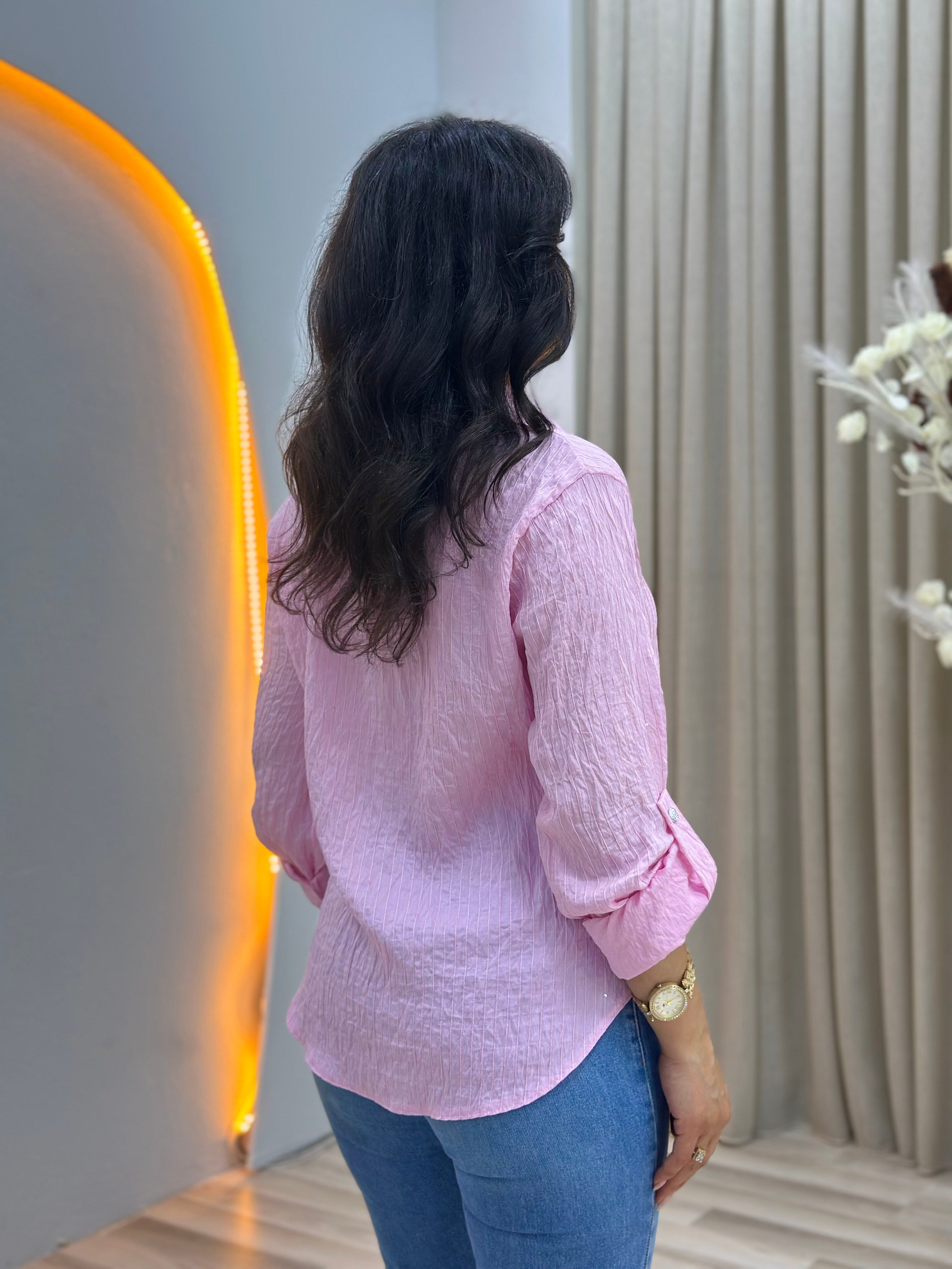 Rio Pembe Nakış Düğme Detaylı Oversize Gömlek D169