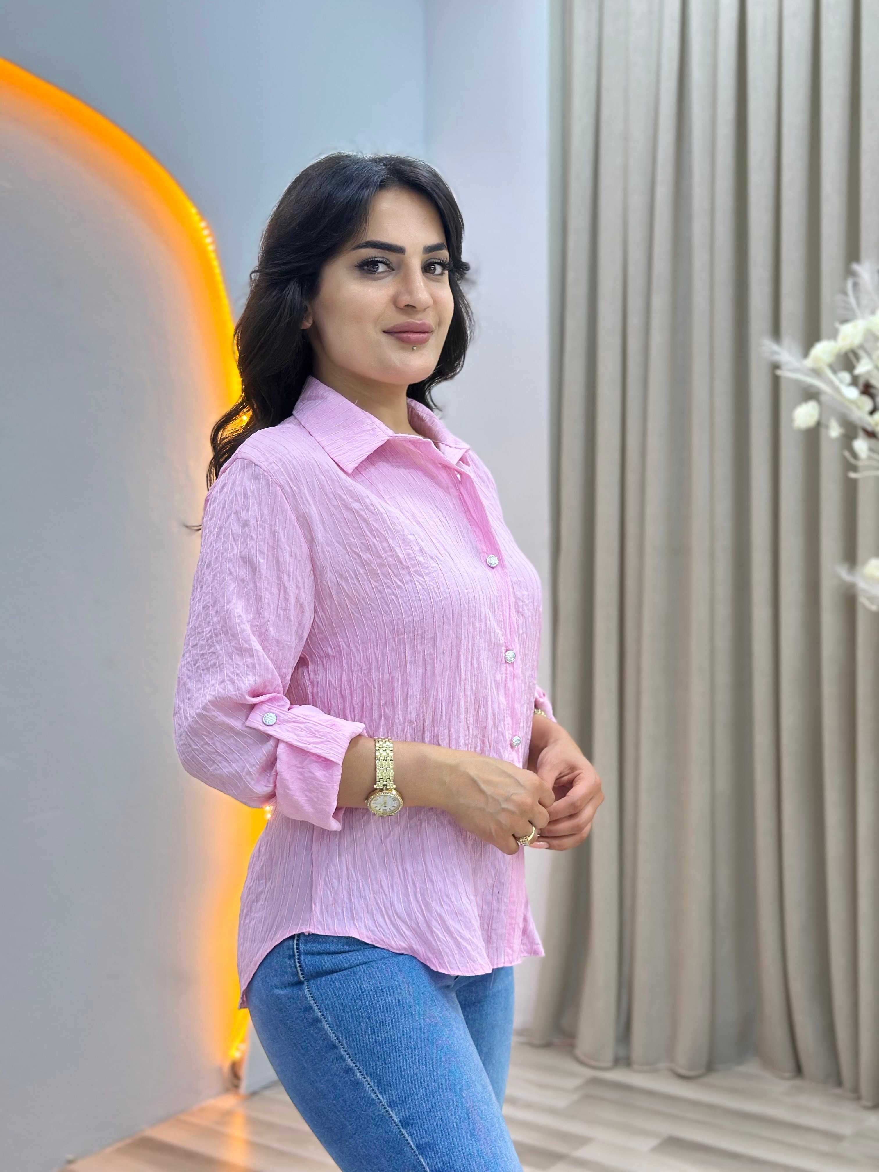 Rio Pembe Nakış Düğme Detaylı Oversize Gömlek D169