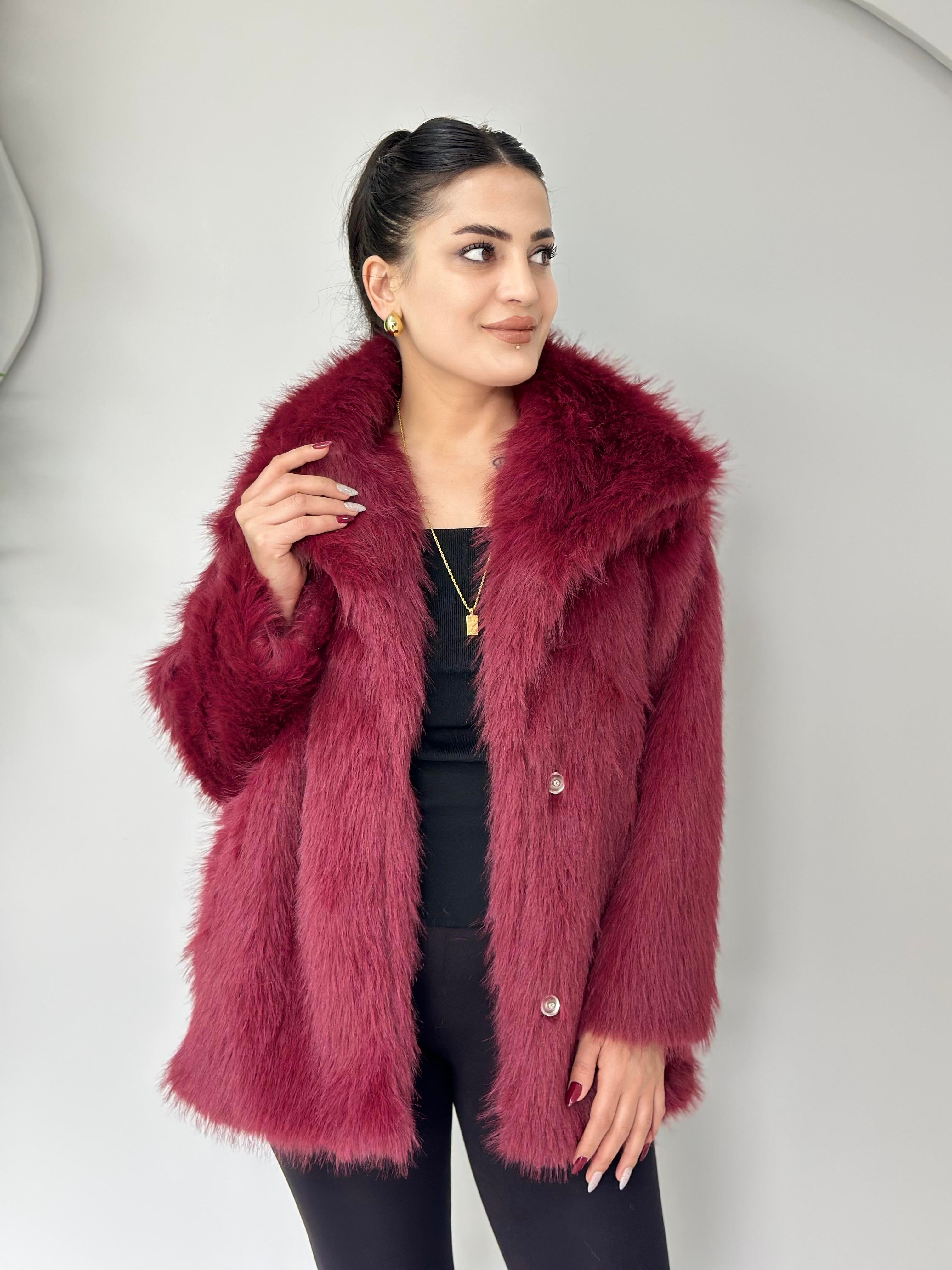 Ruby Bordo Çıtçıt Astarlı Kürk Kaban A705