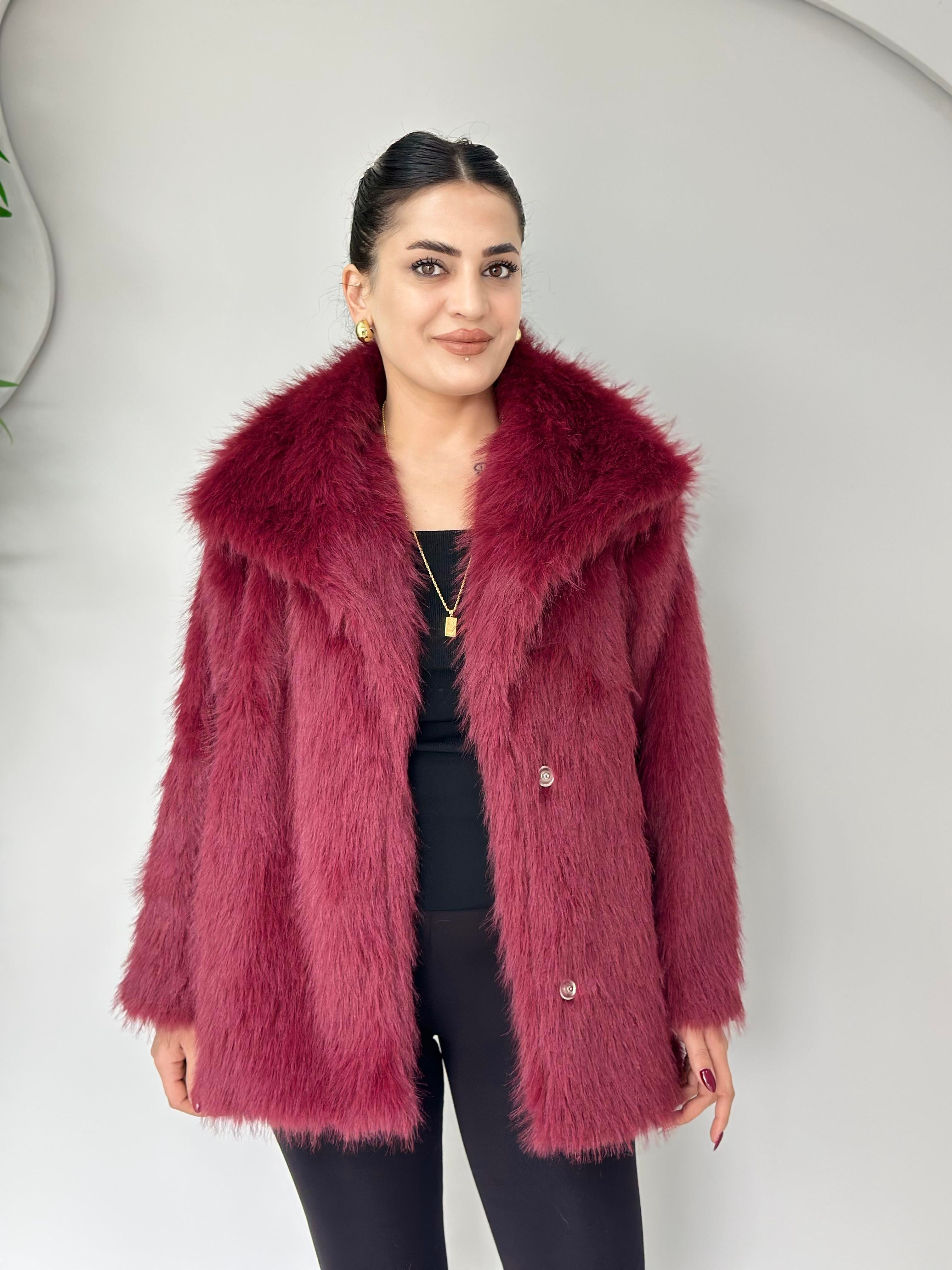 Ruby Bordo Çıtçıt Astarlı Kürk Kaban A705