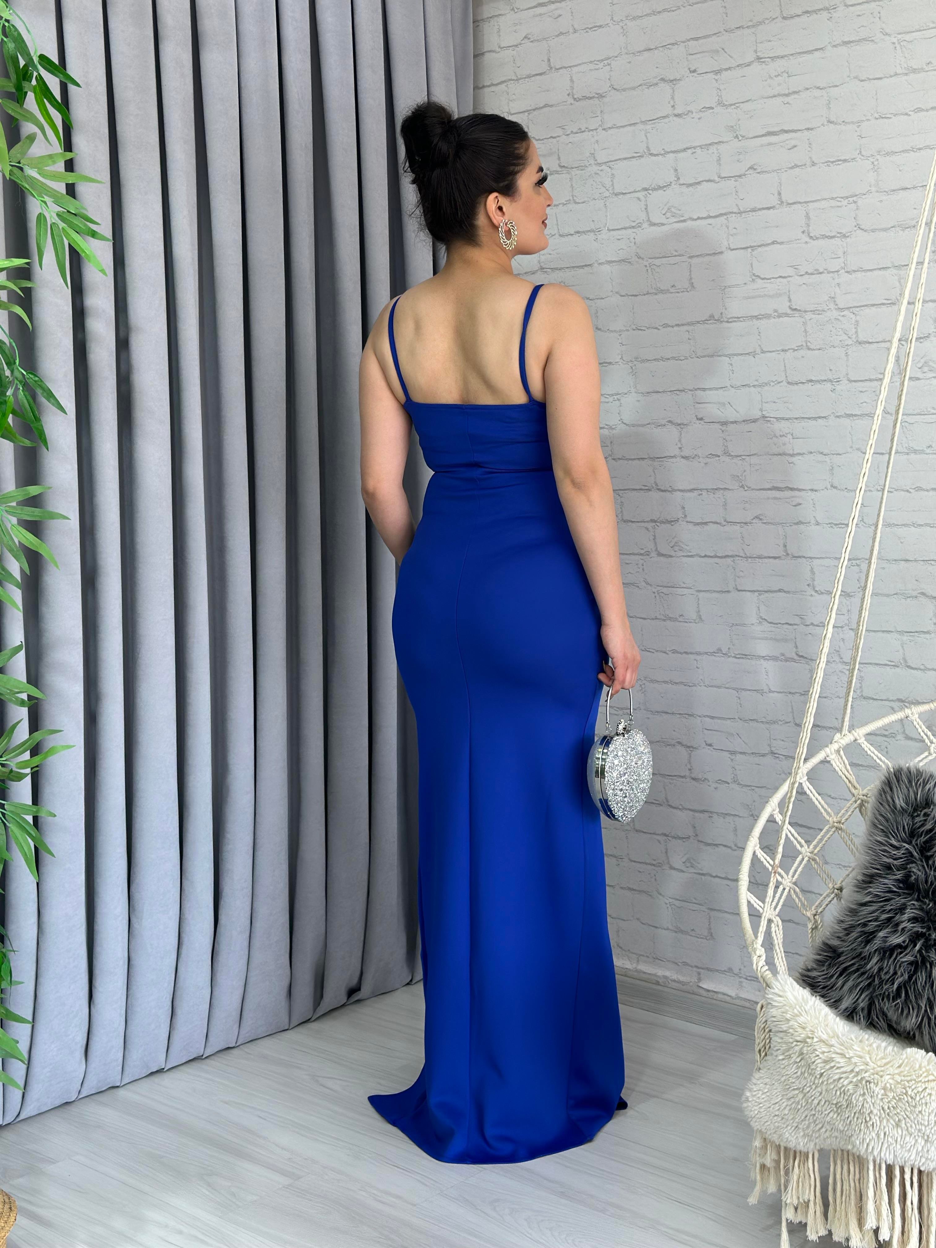 Saks Mavi İp Askı Drapeli Yırtmaçlı Scuba Kumaş Abiye Elbise A022