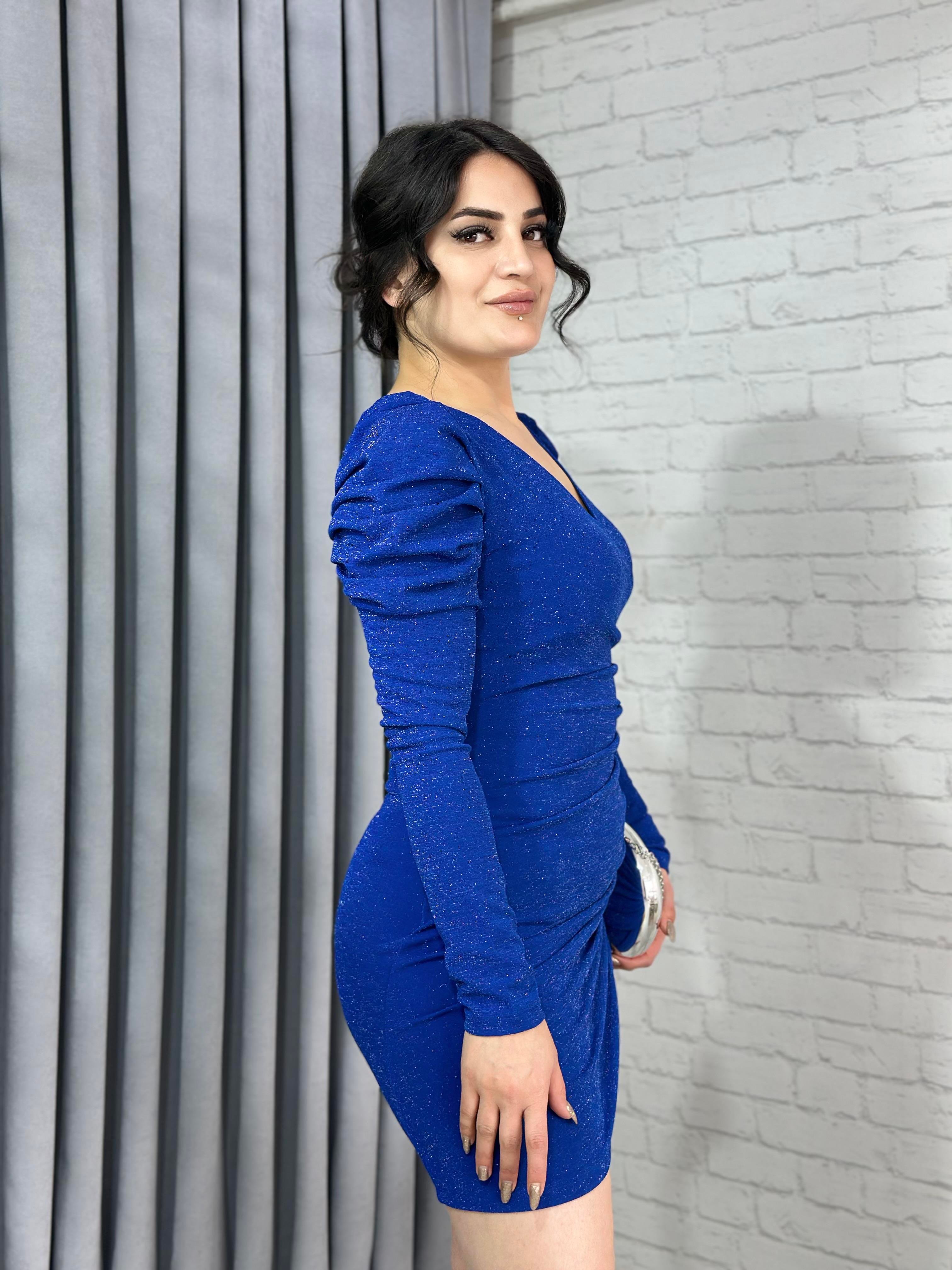 Saks Mavi Kruvaze Yaka Simli Drapeli Elbise A021