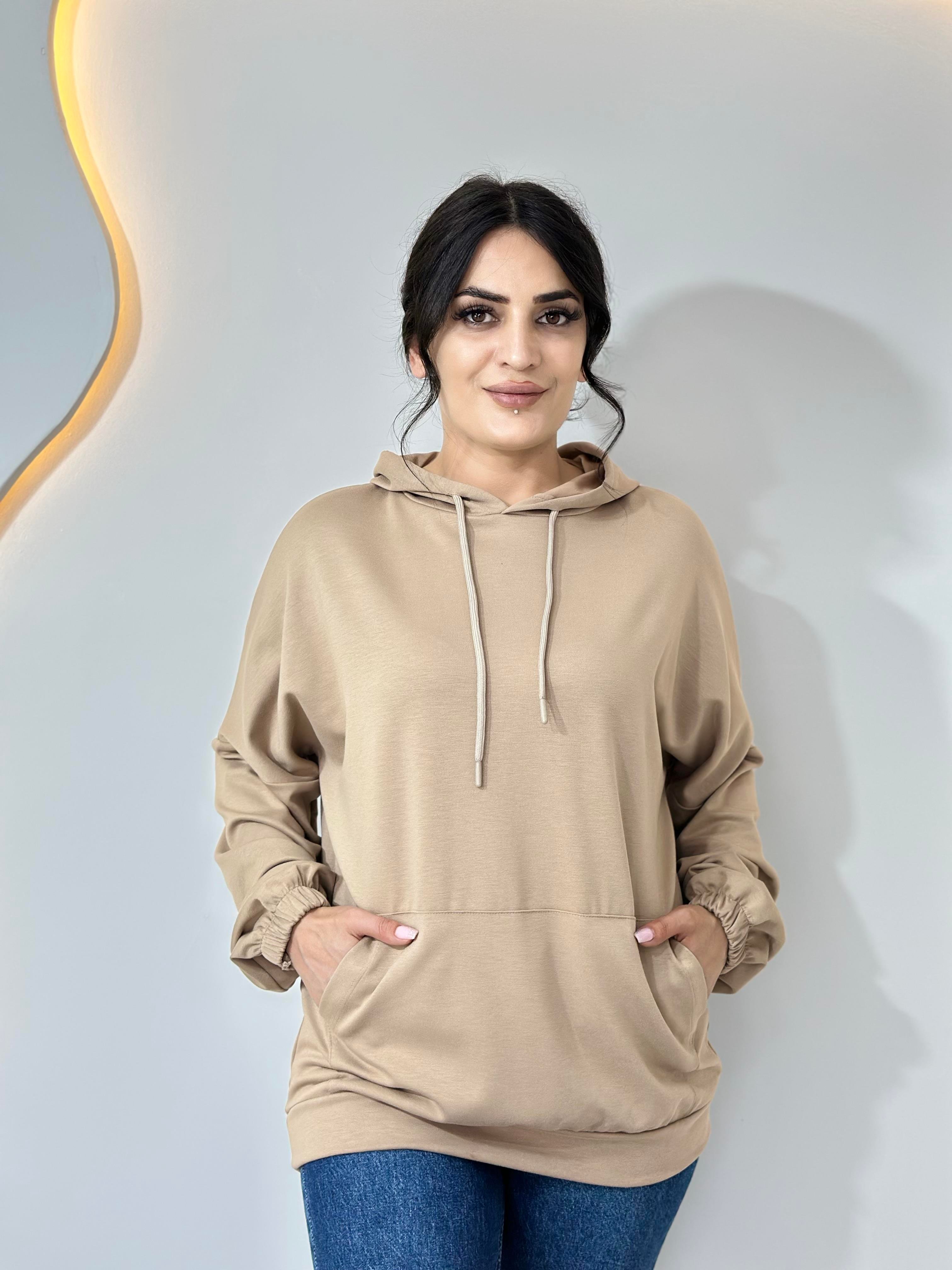 Sena Camel Kapüşonlu Kargo Cepli Oversize Sweatshirt A006
