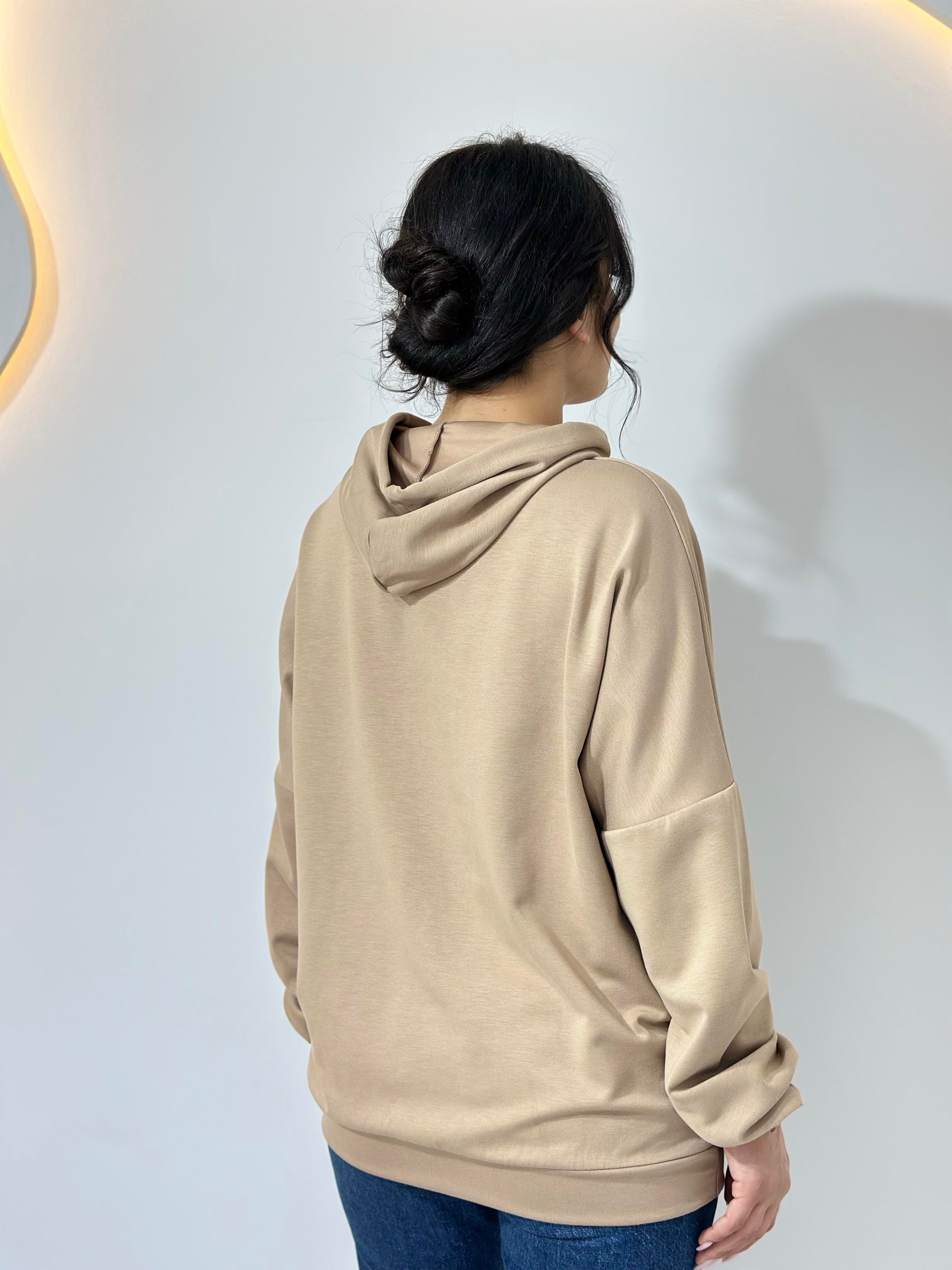 Sena Camel Kapüşonlu Kargo Cepli Oversize Sweatshirt A006