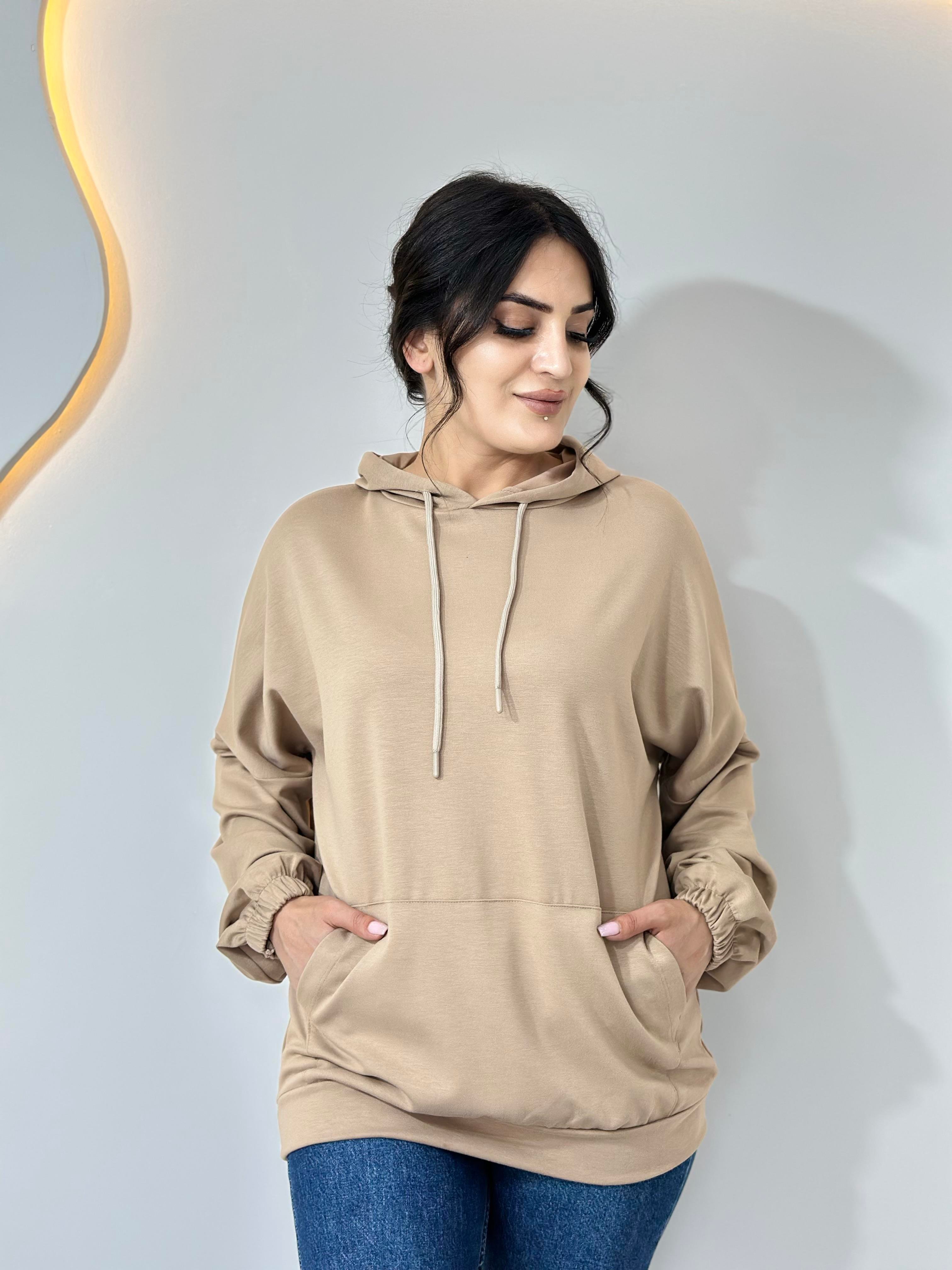 Sena Camel Kapüşonlu Kargo Cepli Oversize Sweatshirt A006