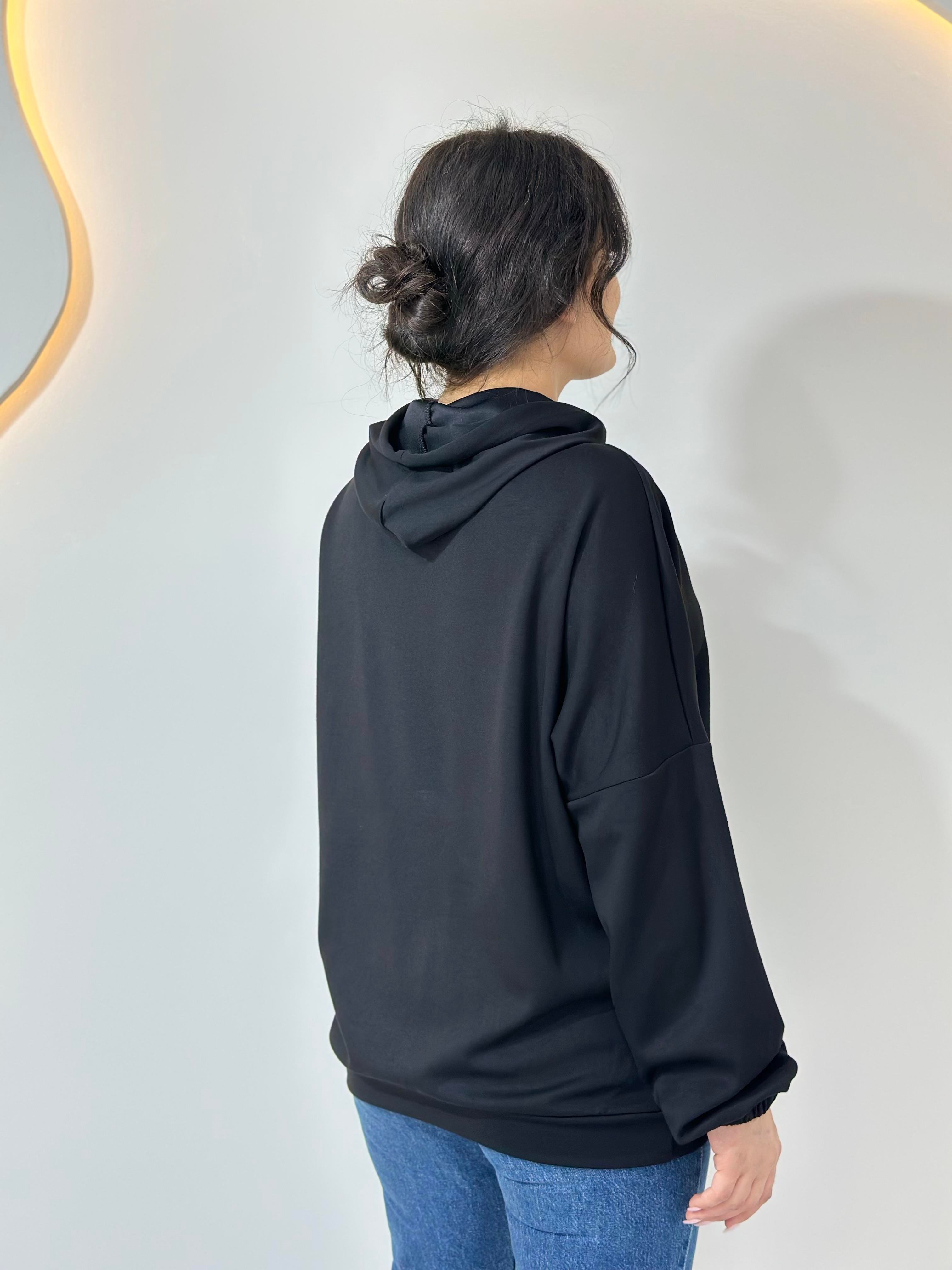 Sena Siyah Kapüşonlu Kargo Cepli Oversize Sweatshirt A005