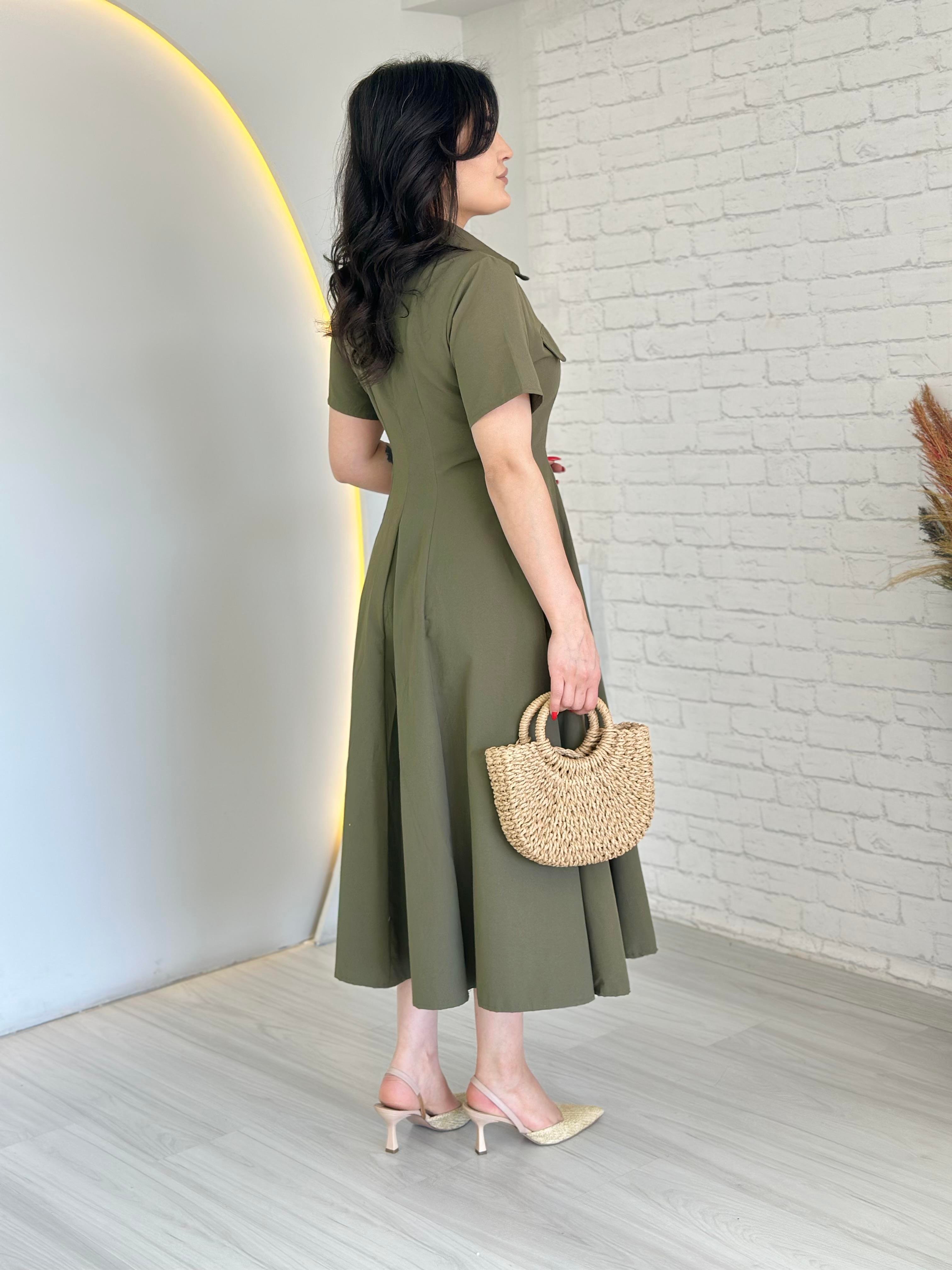 Shell Haki Önden Fermuarlı Cepli Midi Boy Elbise D015