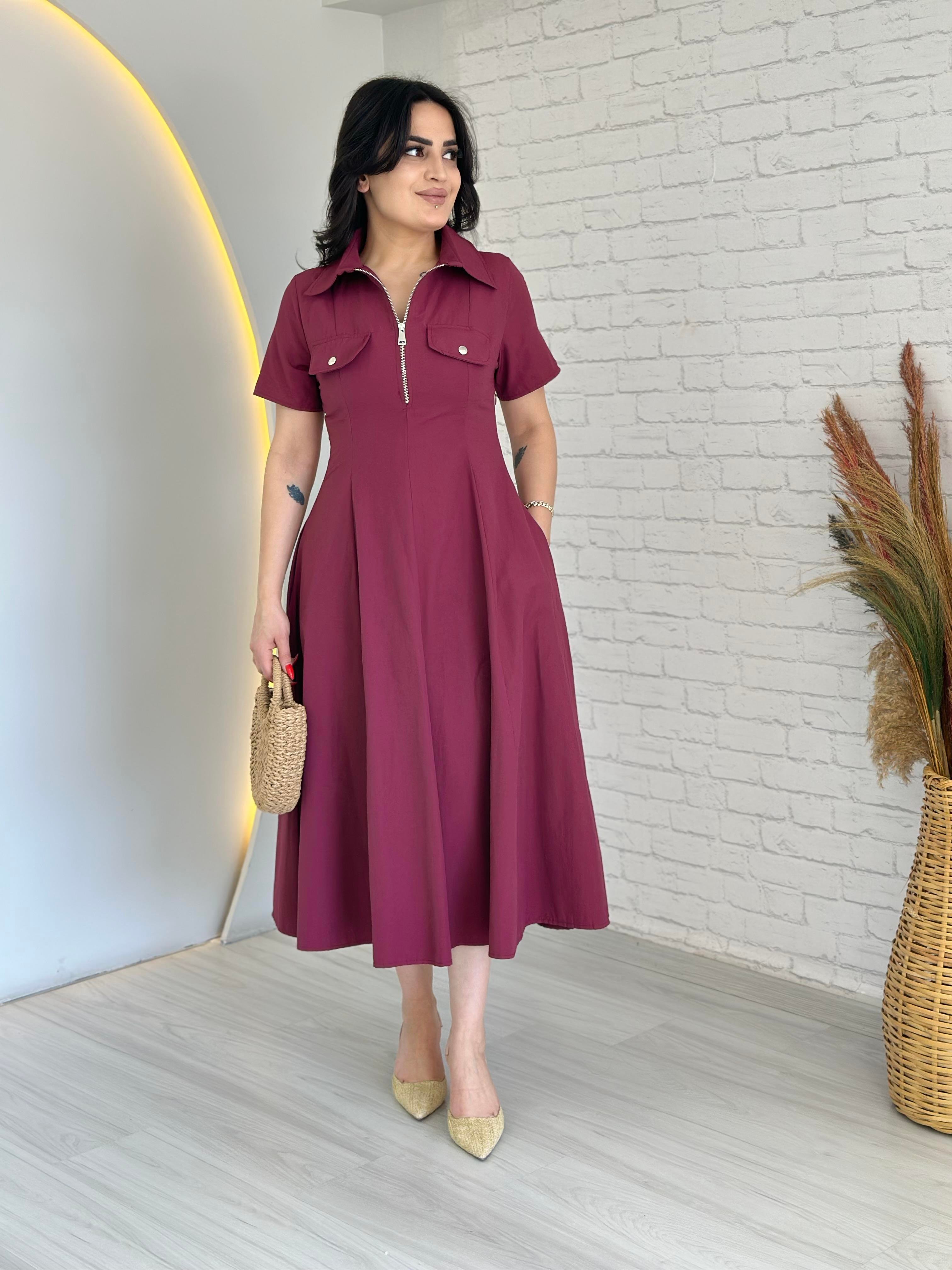 Shell Mürdüm Önden Fermuarlı Cepli Midi Boy Elbise D015