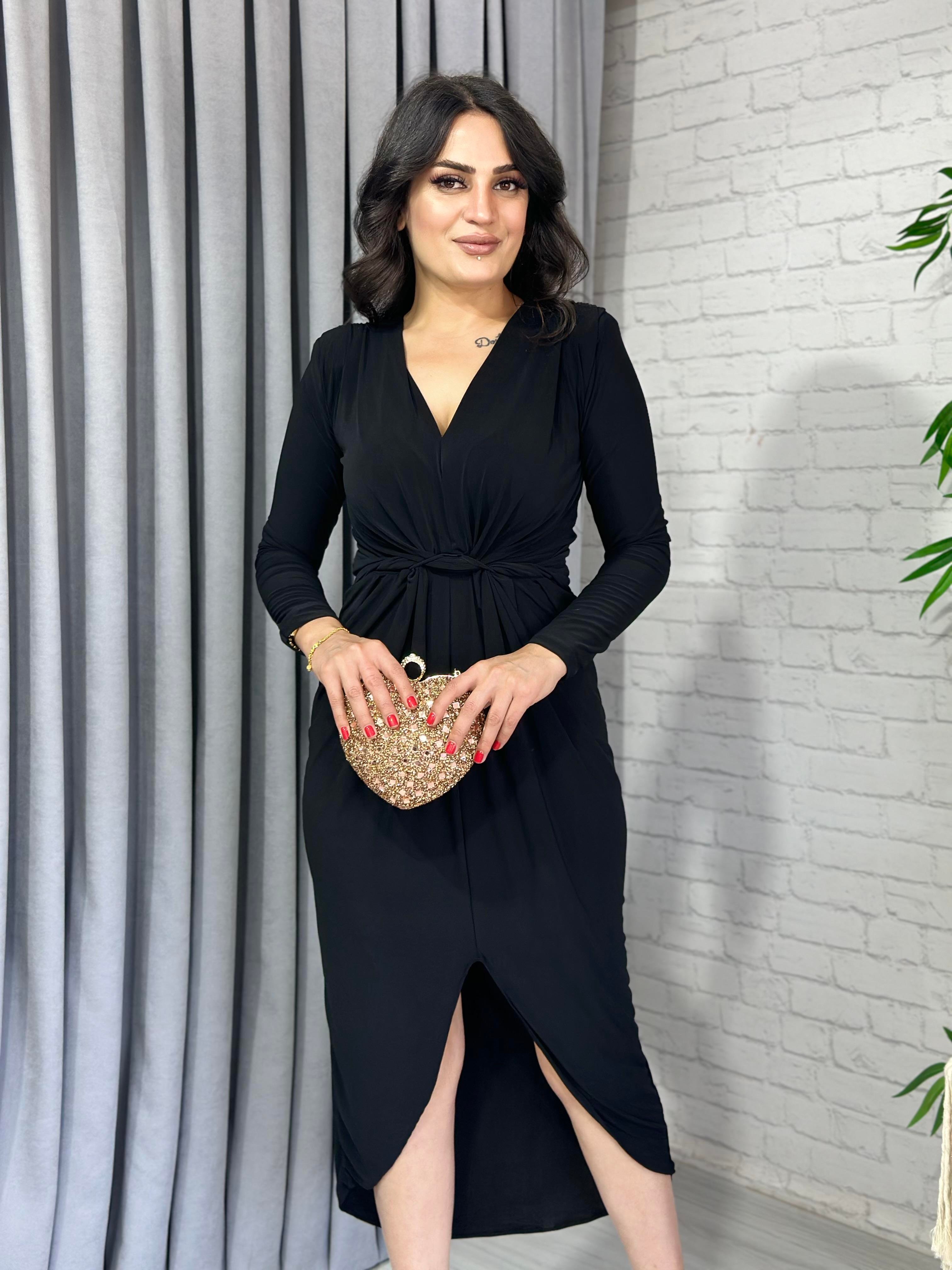 Siyah Sandy Kumaş Önden Düğümlü Maxi Elbise