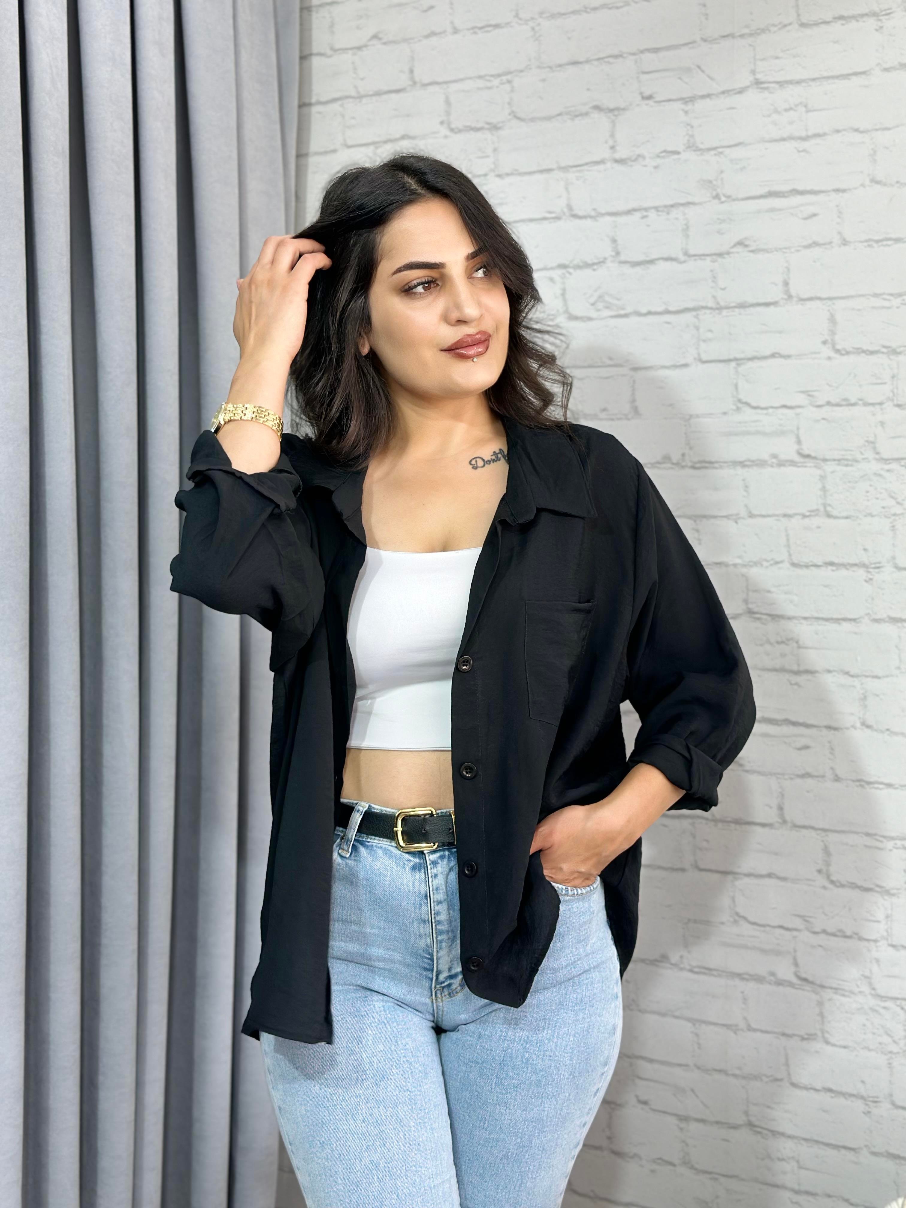 Siyah Tensel Bambu Oversize Cepli Gömlek