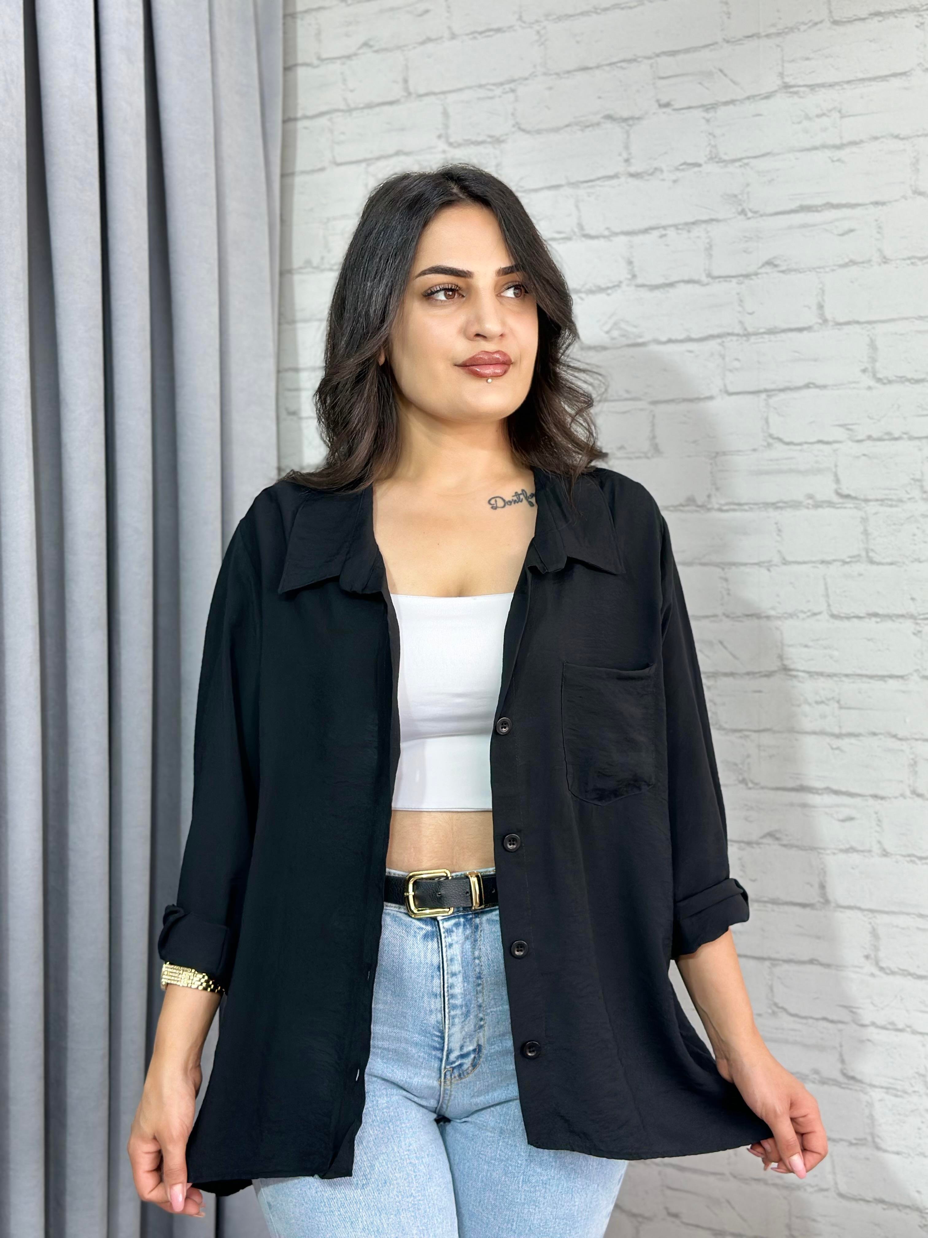 Siyah Tensel Bambu Oversize Cepli Gömlek