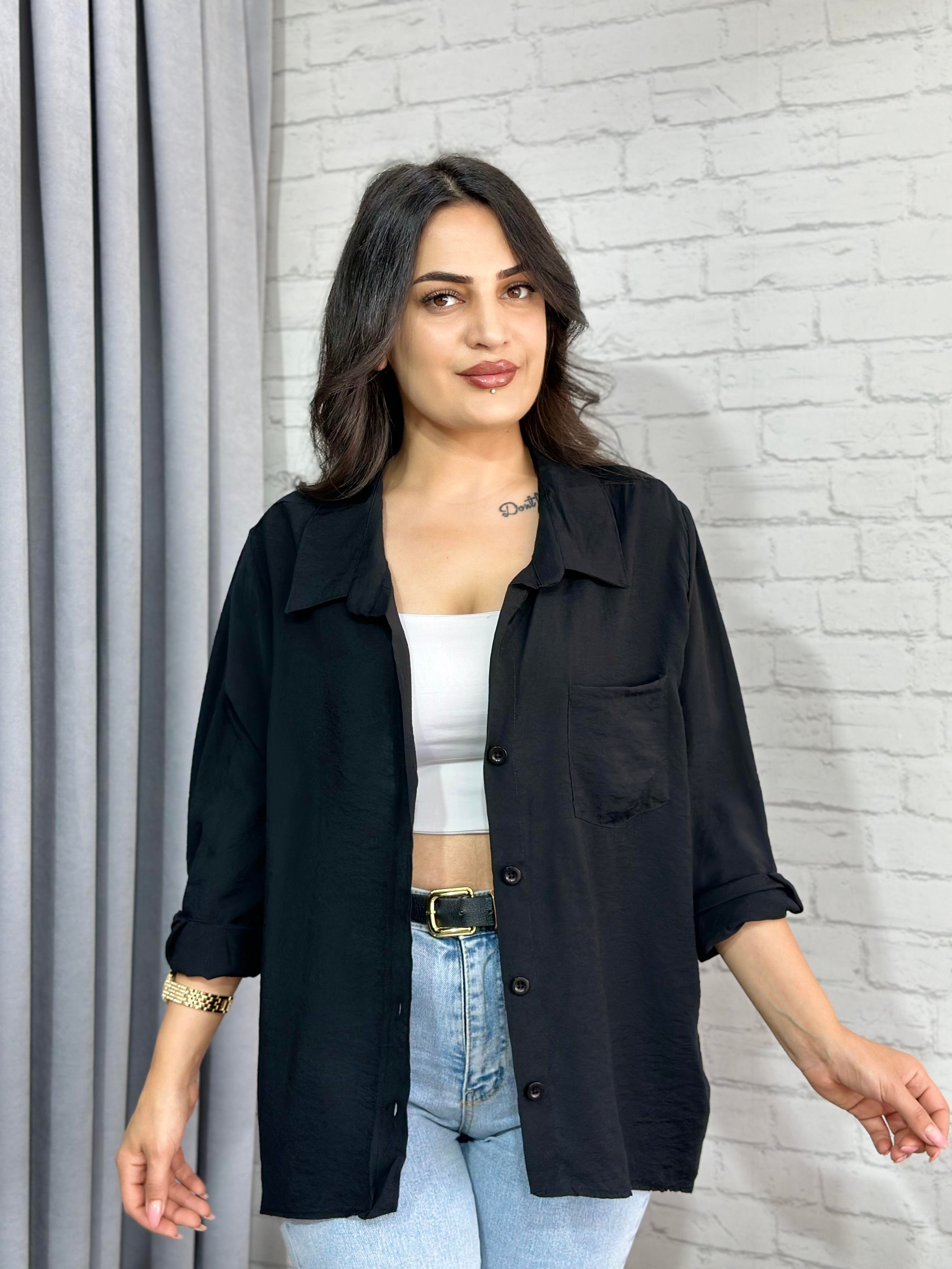 Siyah Tensel Bambu Oversize Cepli Gömlek