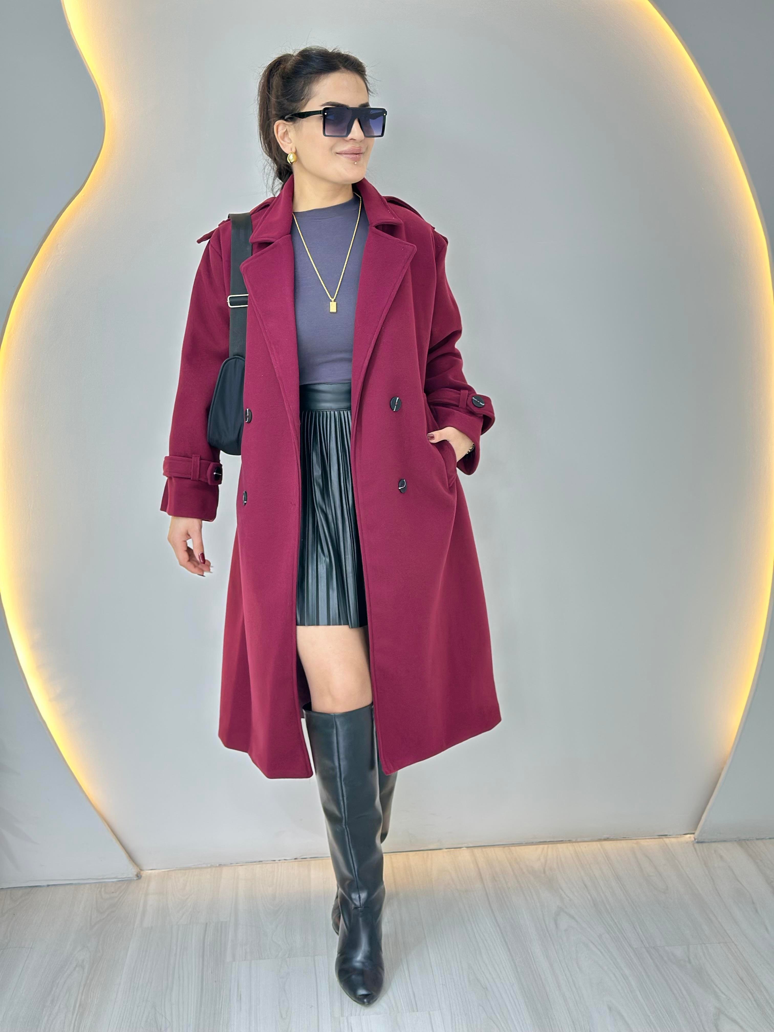 Snow Bordo Çift Düğmeli Astarlı Apoletli Cepli Kaşe Kaban A631