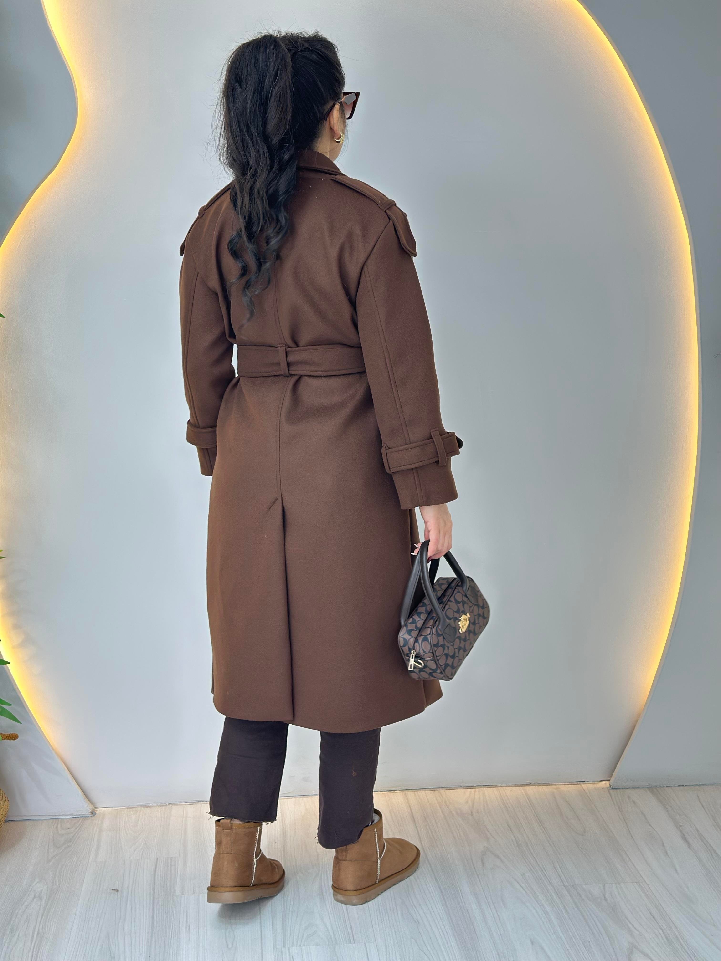 Snow Taba Çift Düğmeli Astarlı Apoletli Cepli Kaşe Kaban A633