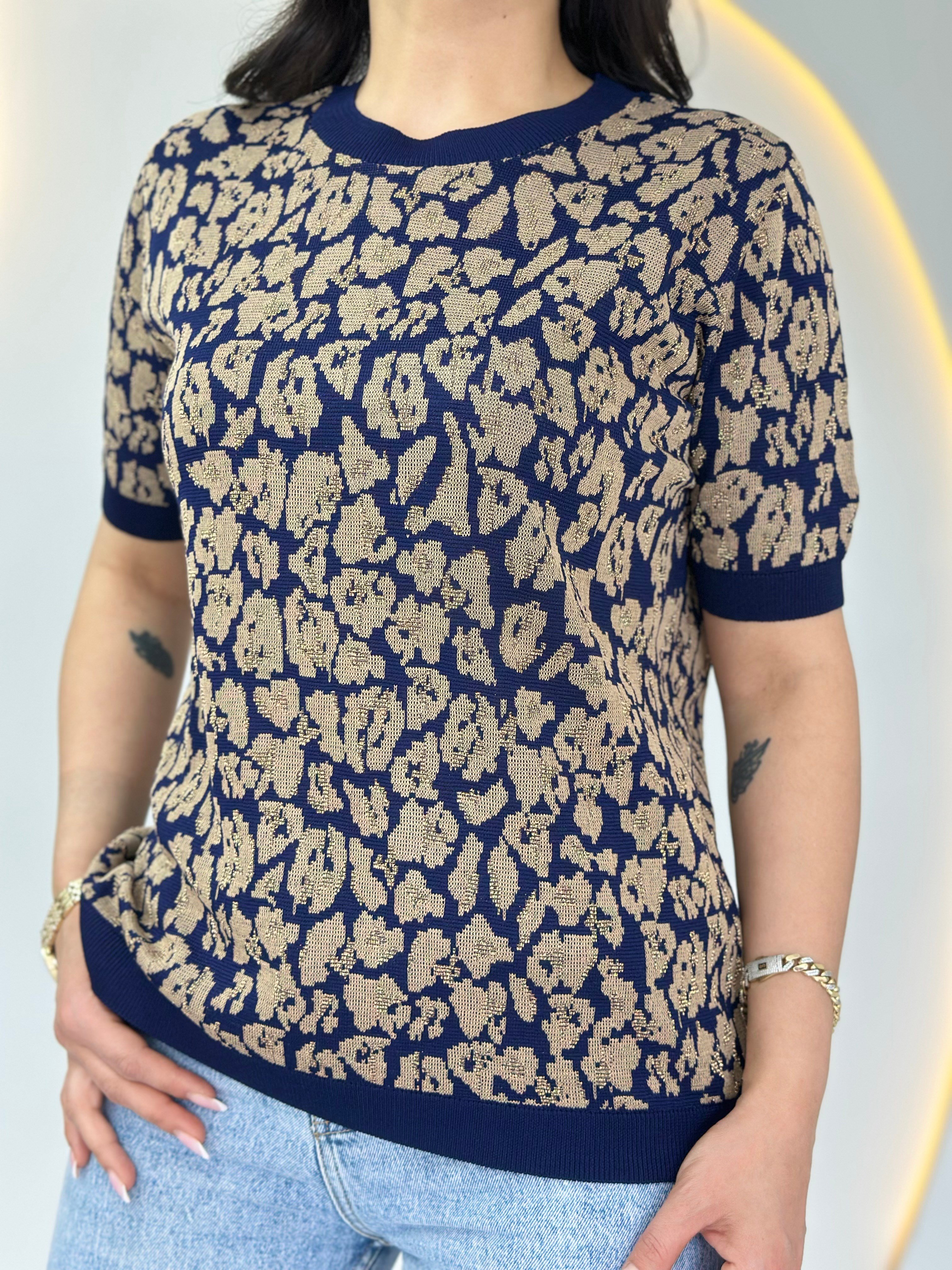 Soft Lacivert Leopar Bisiklet Yaka Kısa Kollu Bluz D018