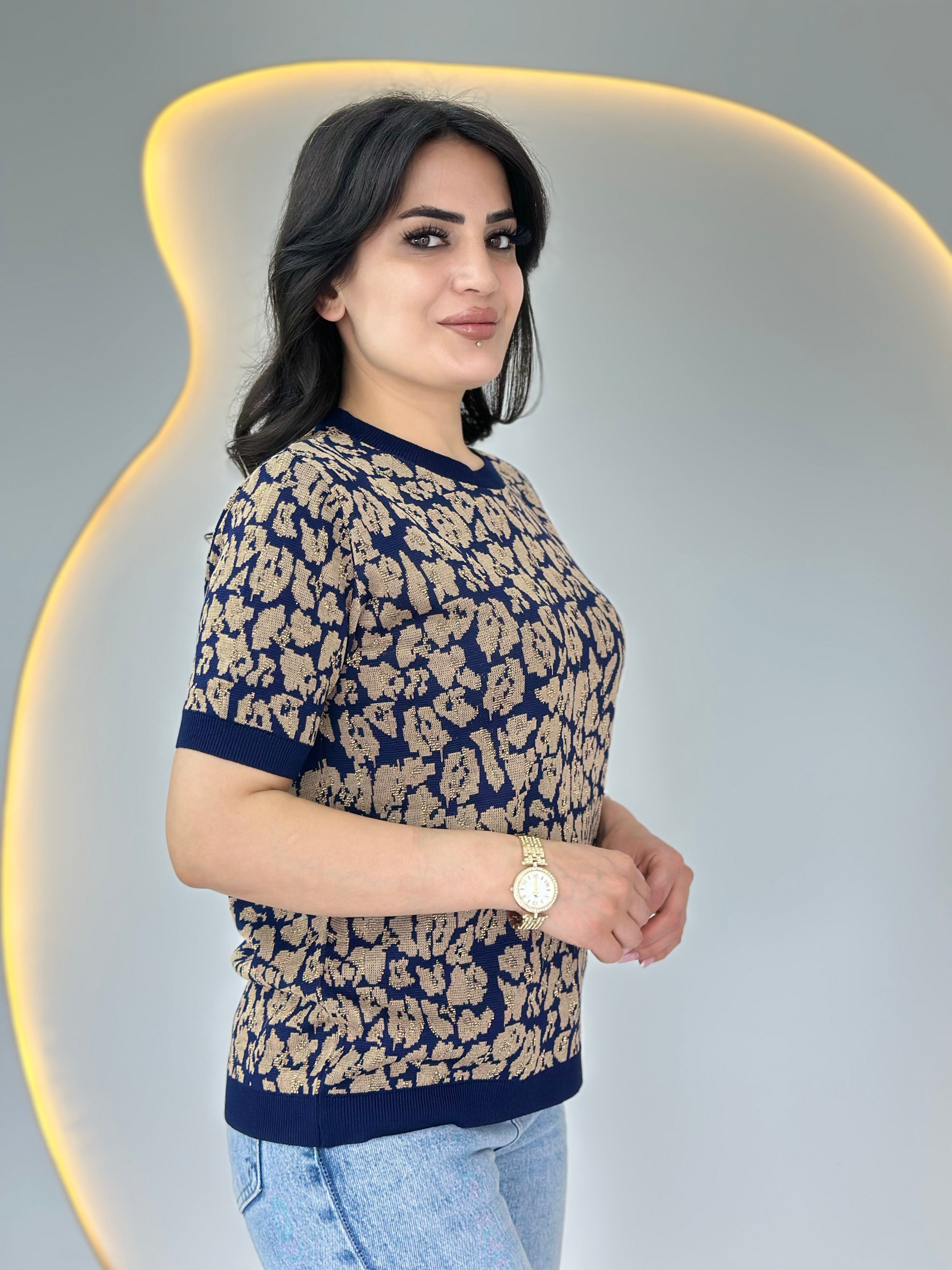 Soft Lacivert Leopar Bisiklet Yaka Kısa Kollu Bluz D018