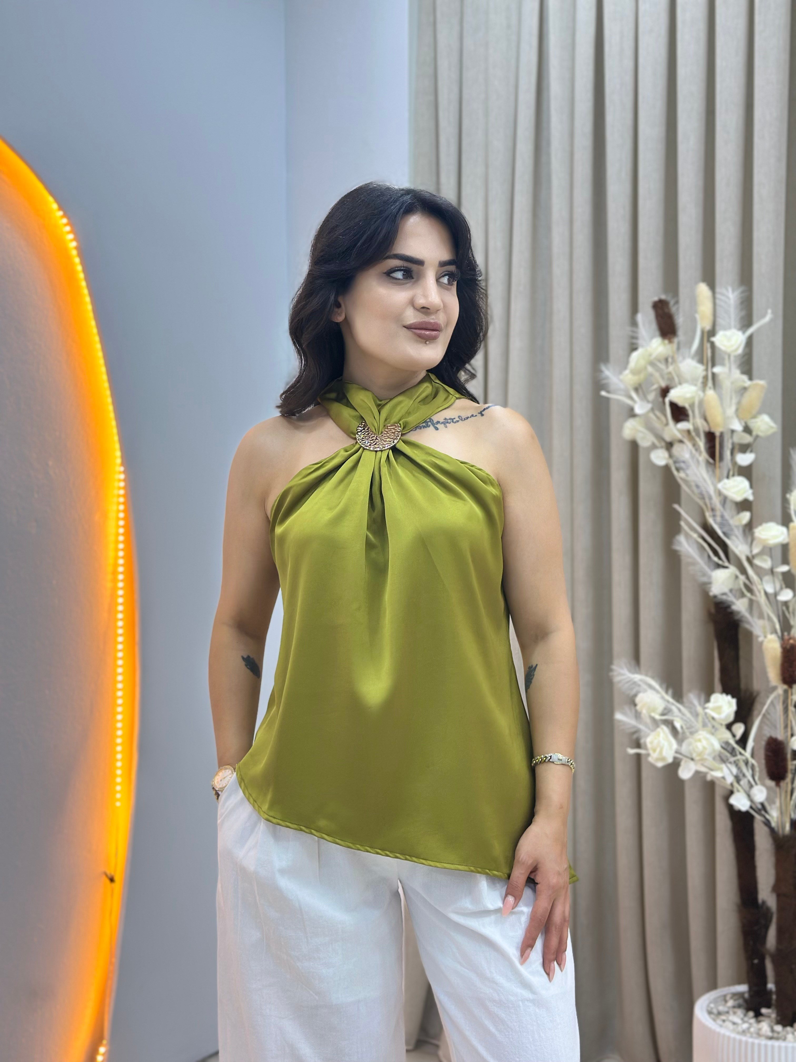 Spazi Yağ yeşili Halter Yaka Toka Detaylı Pamuk Saten Bluz D162